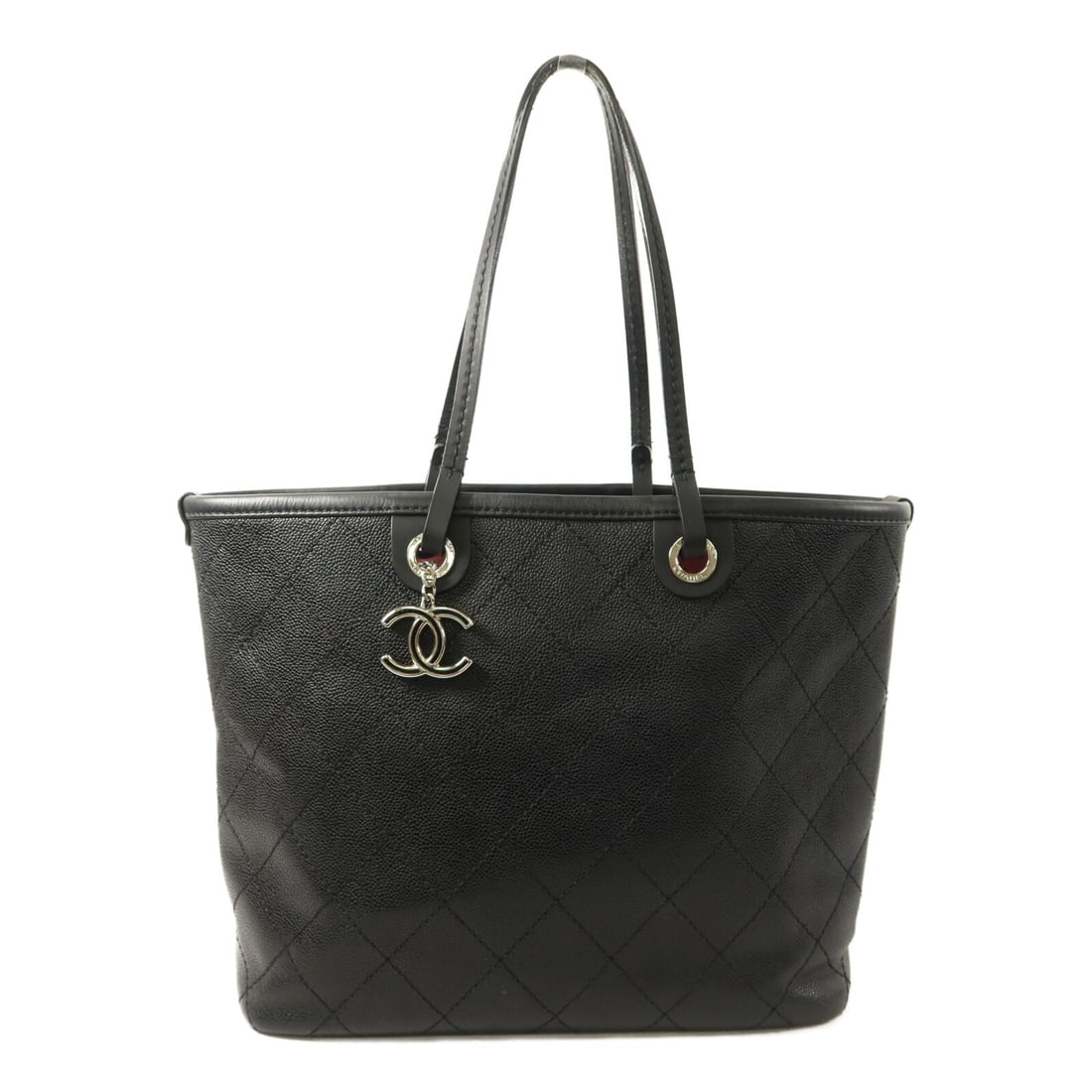CHANEL CC Black Calfskin Tote Bag with Silver Tone Hardware: CHANEL CC Black Calfskin Tote Bag with Silver Tone Hardware CHANEL tote bag in black calfskin leather with silver-tone hardware. It features a regular size, black frame color, and a practical interior