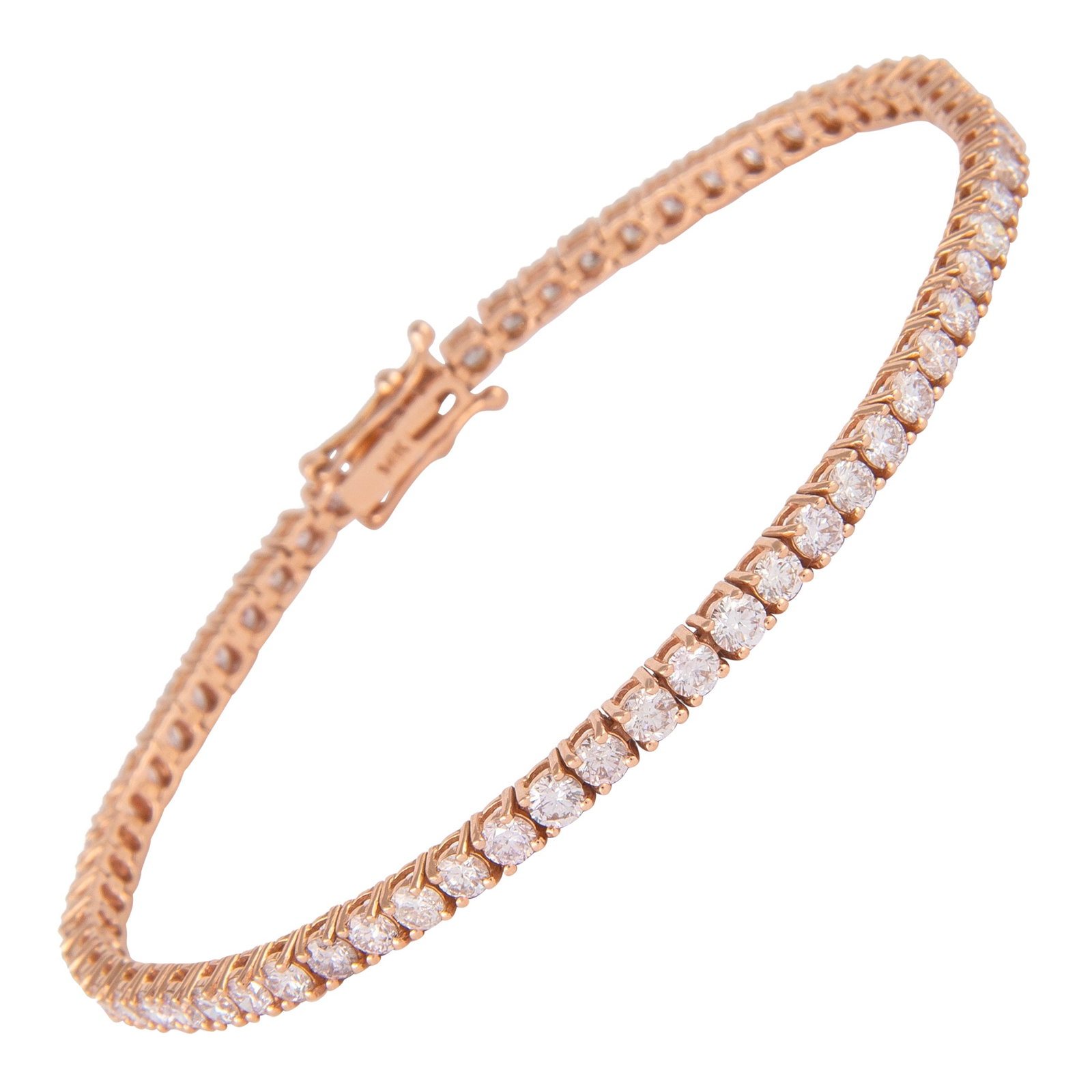 4.42ct Diamond Tennis Bracelet in 14k Rose Gold: 4.42ct Diamond Tennis Bracelet in 14k Rose Gold This exquisite diamond tennis bracelet features a total weight of 4.42 carats, showcasing 63 round brilliant diamonds set in elegant 14k rose gold. The 