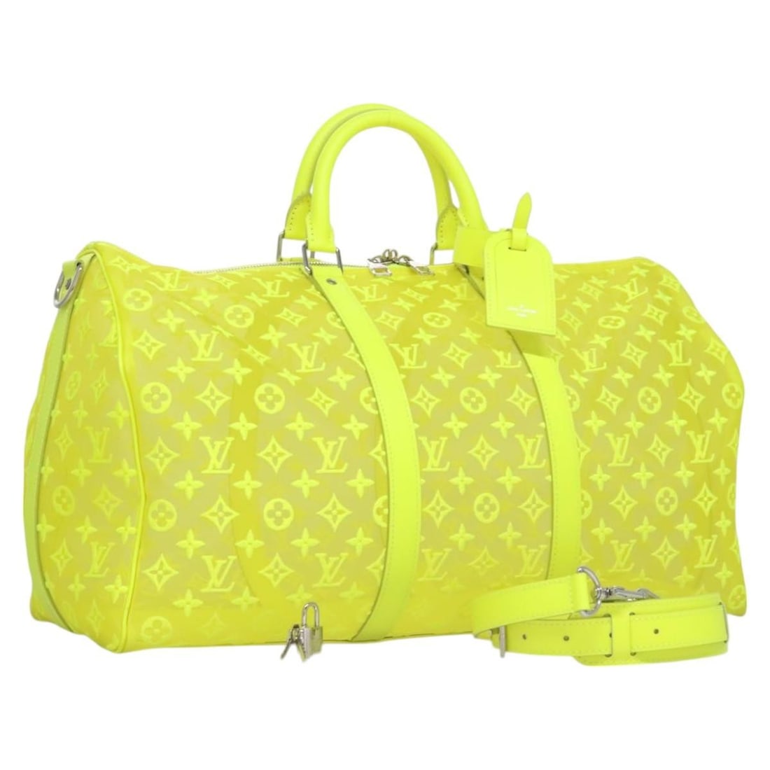 Louis Vuitton M55380 Keepall Bandouliere 50 Yellow Monogram Canvas Boston Bag: Louis Vuitton M55380 Keepall Bandouliere 50 Yellow Monogram Canvas Boston Bag Louis Vuitton See Through Keepall Bandouliere 50 bag in yellow Monogram Canvas, styled as a Boston bag. Includes a dust ba