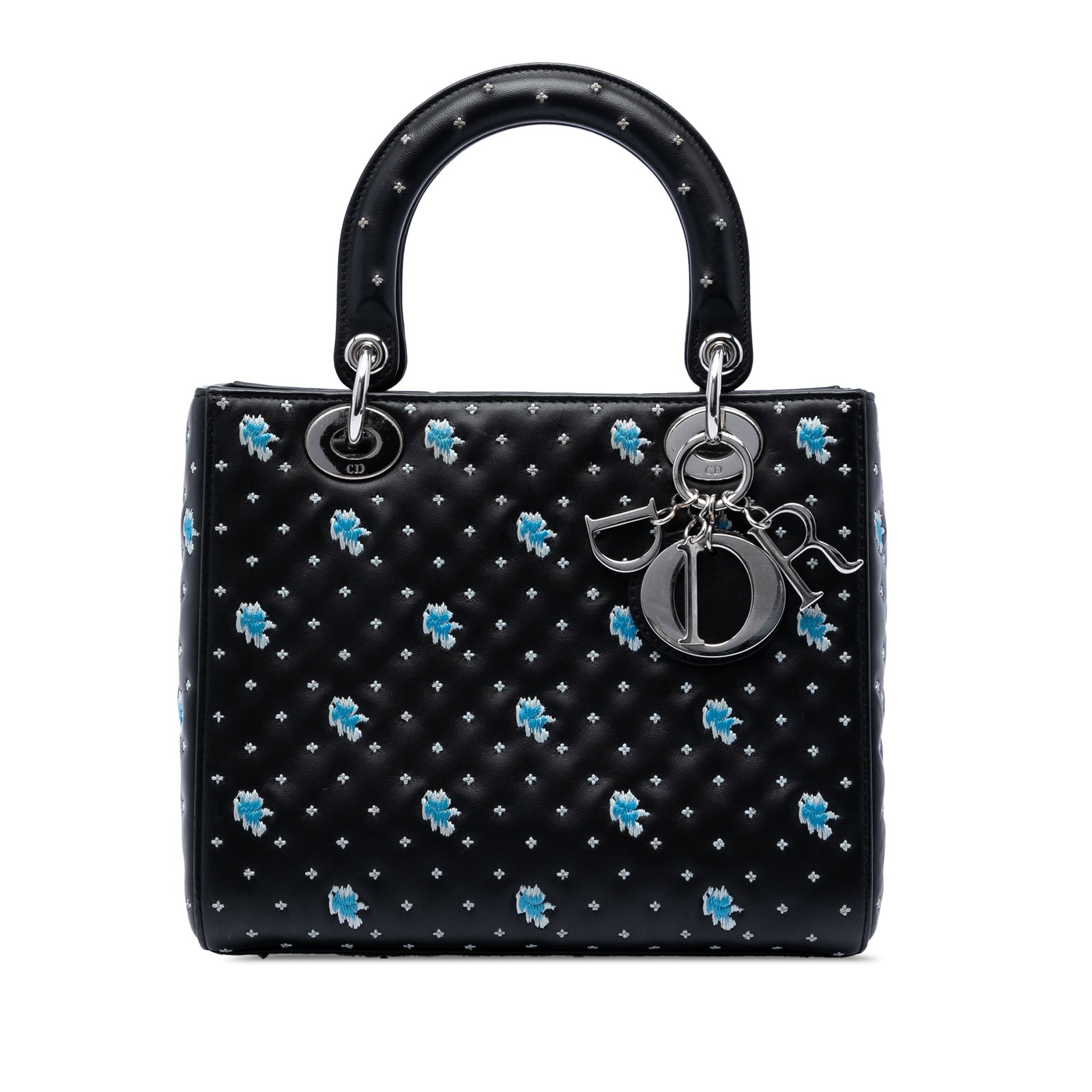 Dior Lady Dior Medium Black Calfskin Satchel with Floral Embroidery: Dior Lady Dior Medium Black Calfskin Satchel with Floral Embroidery Medium Lady Dior satchel in black calfskin with embroidered floral detailing. The bag features flat leather handles, a top zip closu