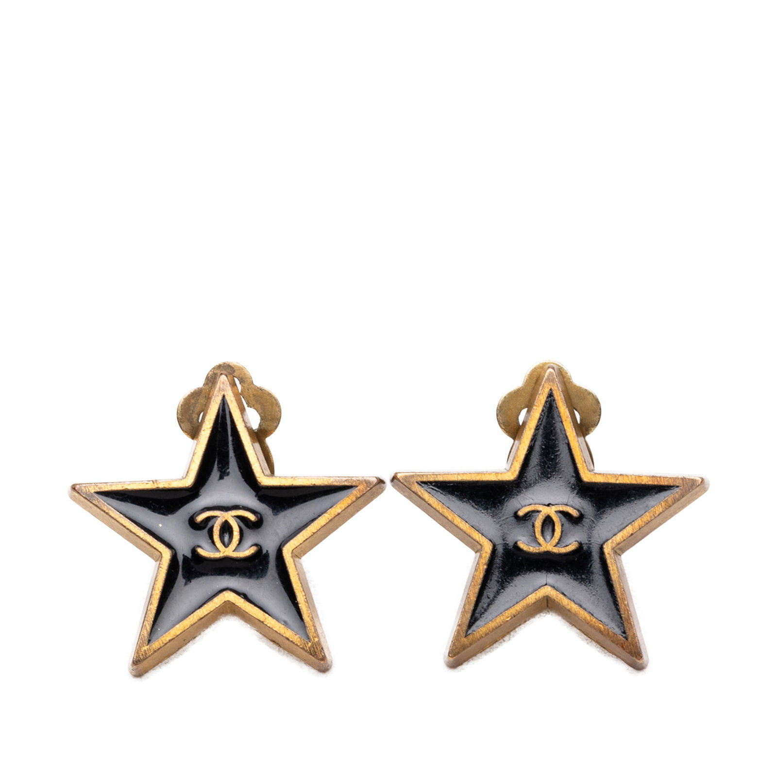 Chanel CC Star Clip Earrings Gold Plated Enamel Black (1 of 4)
