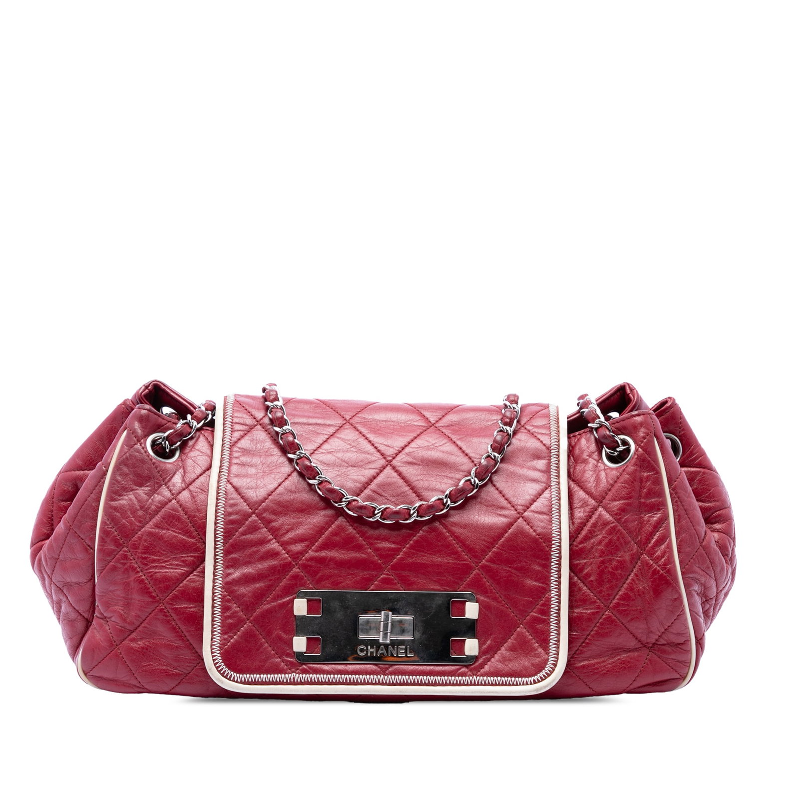 Red leather shoulder bag Chanel Reissue 2.55 East West Accordion Flap: Red leather shoulder bag Chanel Reissue 2.55 East West Accordion Flap Chanel Reissue 2.55 East West Accordion Flap shoulder bag in red quilted aged calfskin. This bag features leather-woven chain stra