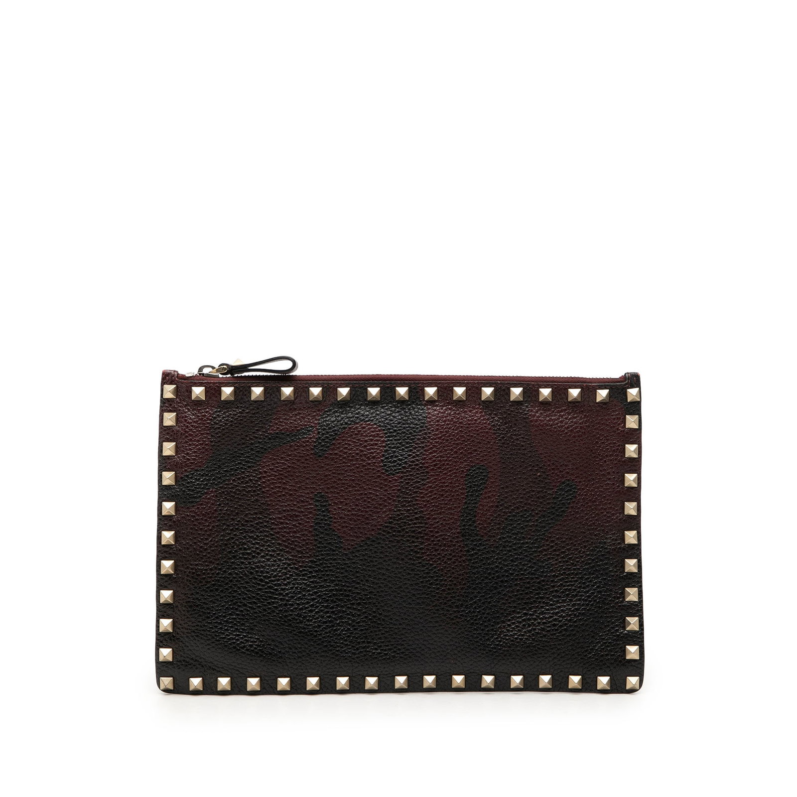 Valentino Rockstud Camouflage Leather Zip Clutch Bag: Valentino Rockstud Camouflage Leather Zip Clutch Bag Valentino Rockstud Camouflage Zip Clutch in grained calfskin leather, made in Italy. This red clutch features rockstud details and a top zip closur