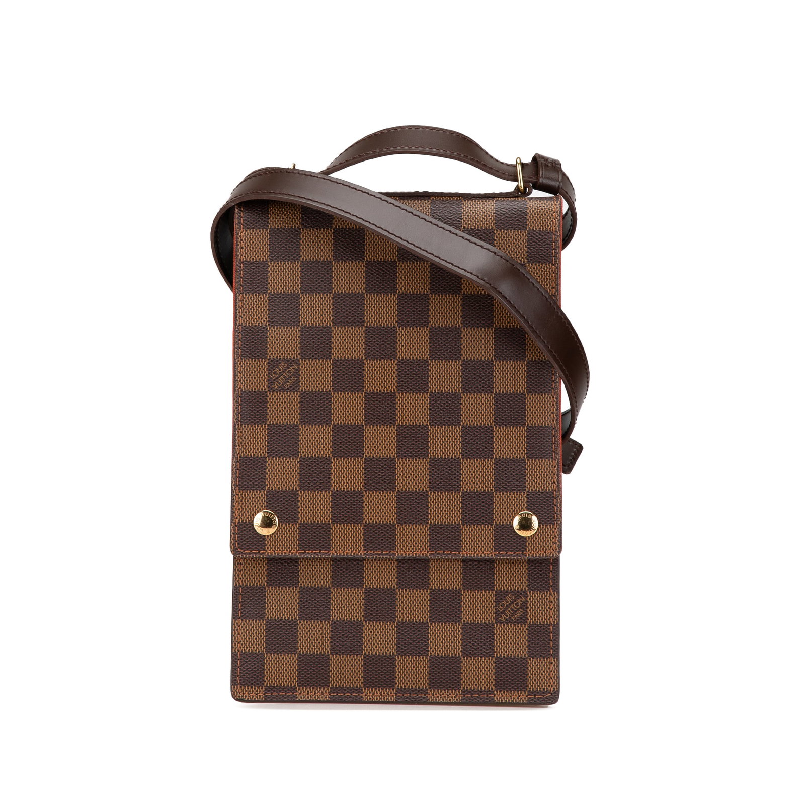 Louis Vuitton Damier Ebene Portobello Handbag with Leather Strap: Louis Vuitton Damier Ebene Portobello Handbag with Leather Strap The Louis Vuitton Damier Ebene Portobello is a stylish and practical bag, crafted from durable damier ebene canvas. It features a flat 