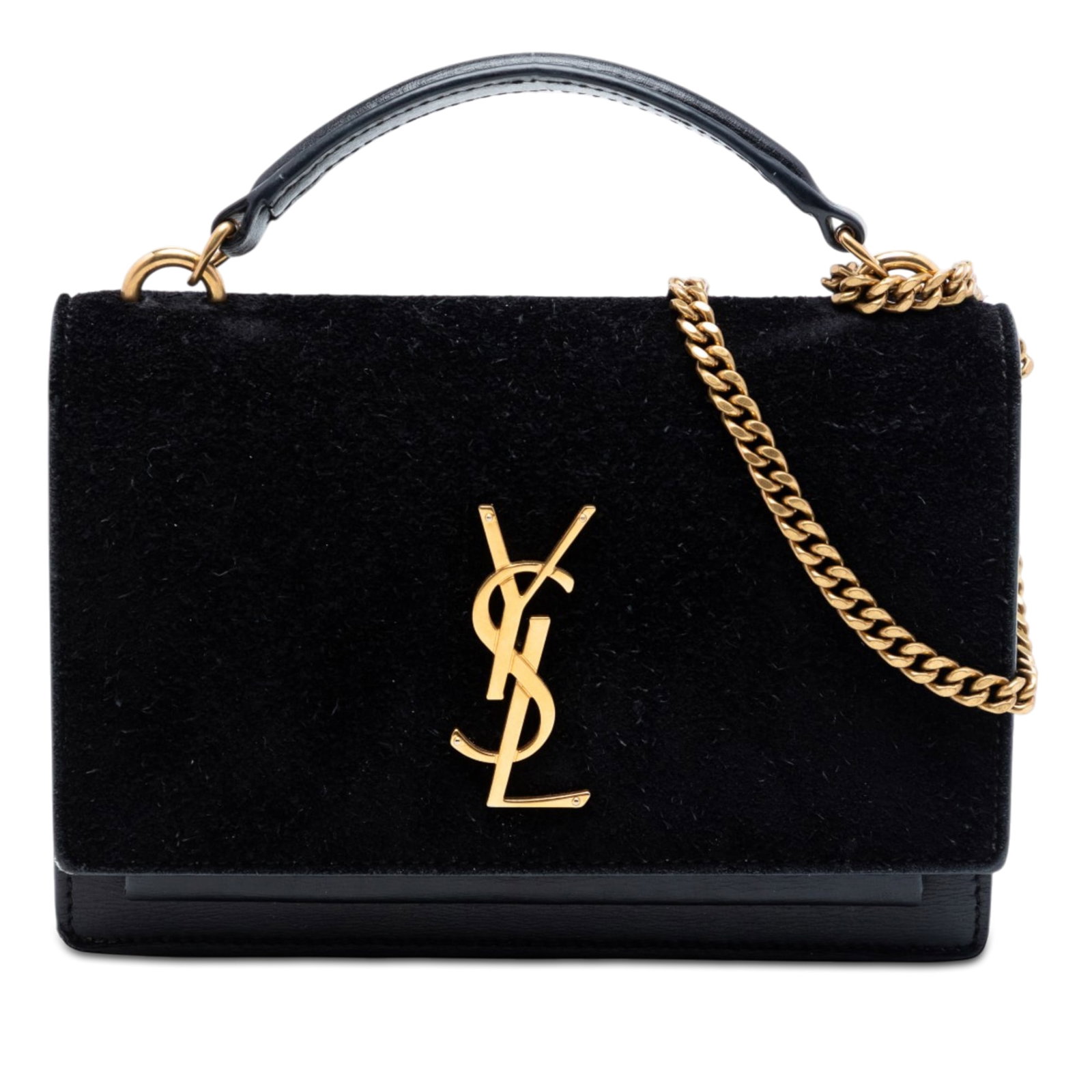 Saint Laurent Sunset Monogram Top Handle Bag in Suede Calfskin: Saint Laurent Sunset Monogram Top Handle Bag in Suede Calfskin This Saint Laurent Medium Suede and Calfskin Monogram Sunset Top Handle Bag features a sophisticated black suede and calfskin leather con