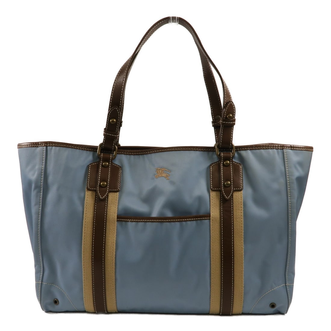 BURBERRY Blue Nylon Tote Handbag: BURBERRY Blue Nylon Tote Handbag Blue Burberry tote bag made of nylon. It features one outside open pocket, two inside open pockets, and one inside zip pocket. The bag measures approximately 39 cm wid