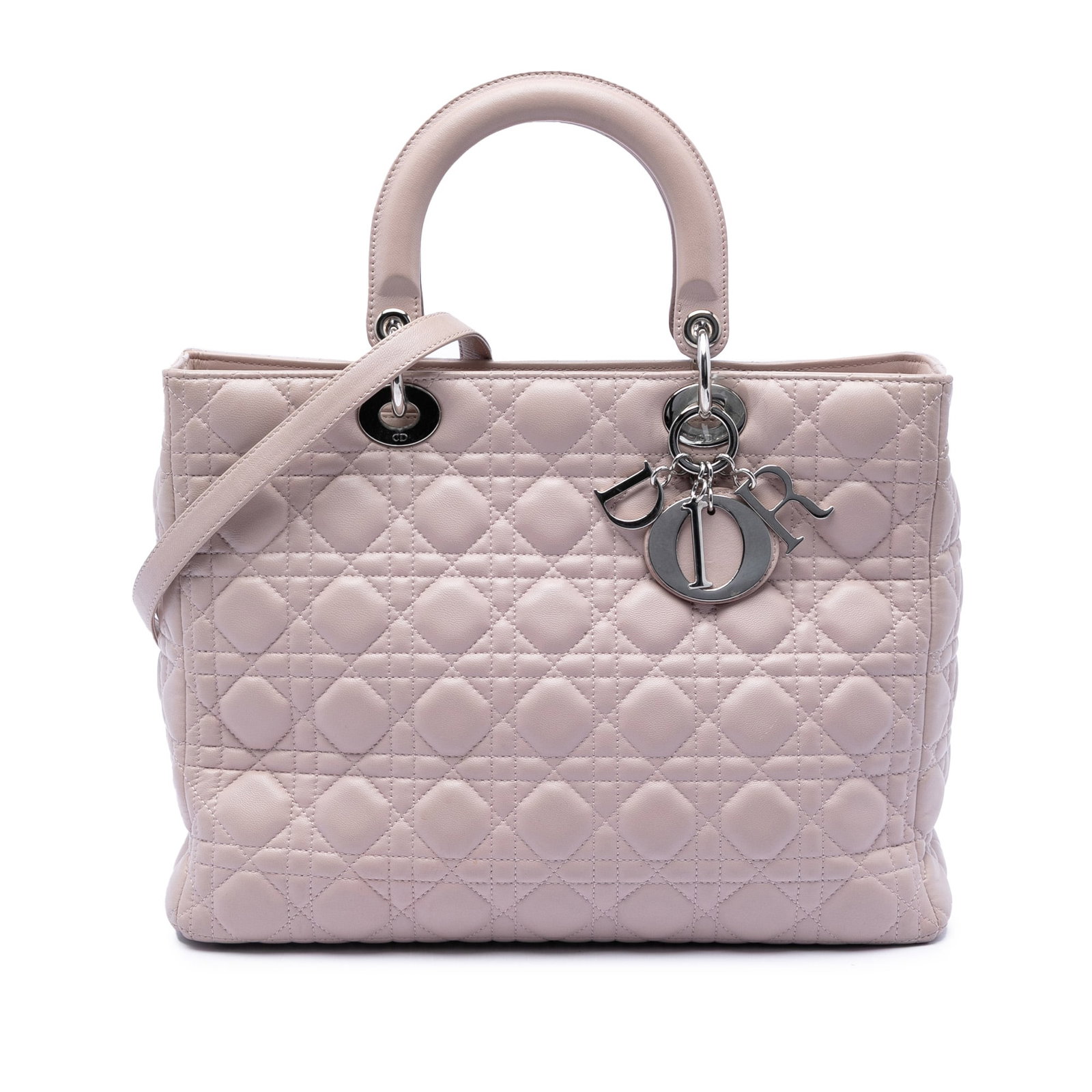 Dior Lady Dior Pink Lambskin Cannage Tote: Dior Lady Dior Pink Lambskin Cannage Tote This Lady Dior bag features a spacious design crafted from quilted pink lambskin leather, highlighted by flat leather top handles and a detachable flat leathe
