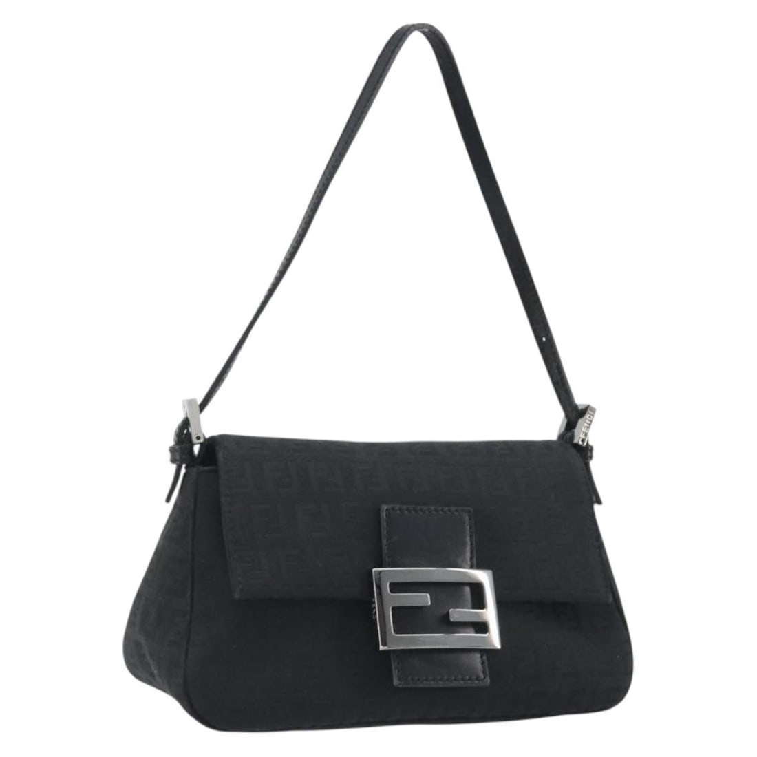 FENDI Mamma Baguette Shoulder Bag Zucchino Canvas Black Silver: FENDI Mamma Baguette Shoulder Bag Zucchino Canvas Black Silver Fendi Mamma Baguette shoulder bag in Zucchino canvas, presented in black and silver. It was made in Italy and is offered in AB very good 