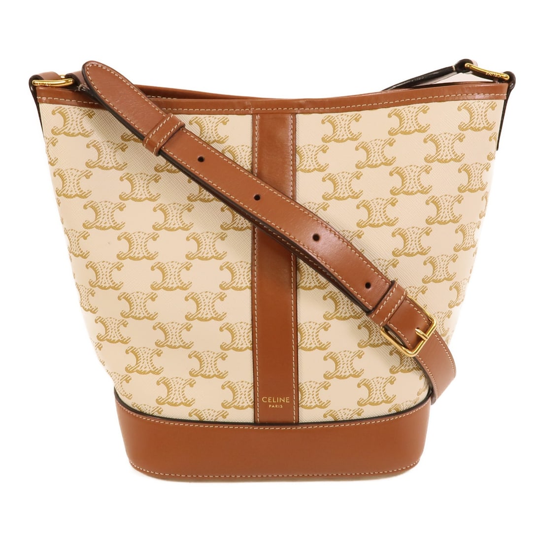 CELINE Triomphe Small Bucket Shoulder Bag White Brown Coated Canvas: CELINE Triomphe Small Bucket Shoulder Bag White Brown Coated Canvas Small shoulder bucket bag in PVC coated canvas with a white and brown colorway. It features a hook button closure and comes with sto