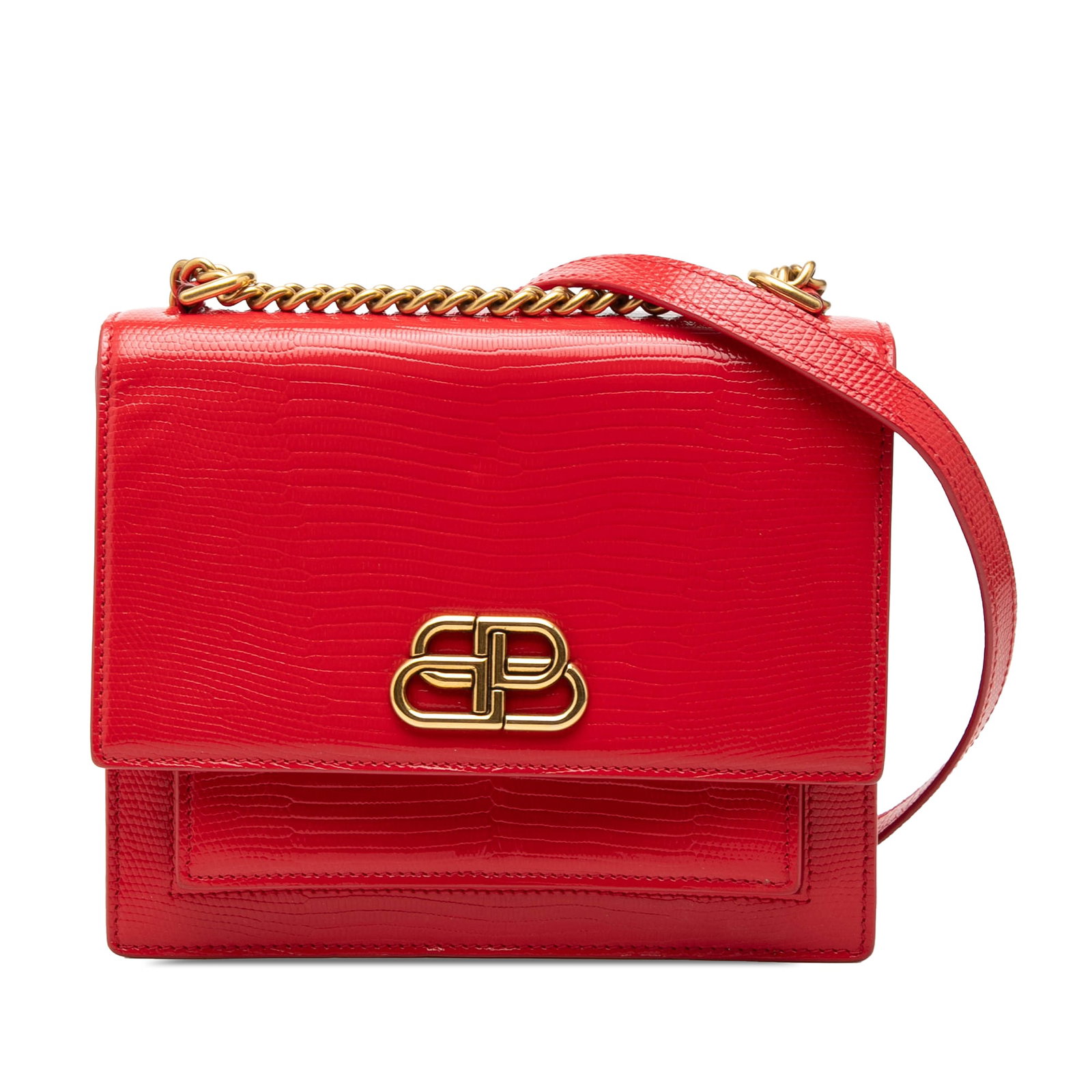 Balenciaga red leather chain flap shoulder bag: Balenciaga red leather chain flap shoulder bag This Balenciaga Embossed Patent Sharp S Chain Shoulder Bag is crafted from embossed patent leather in a striking red color. It features a gold-tone curb 