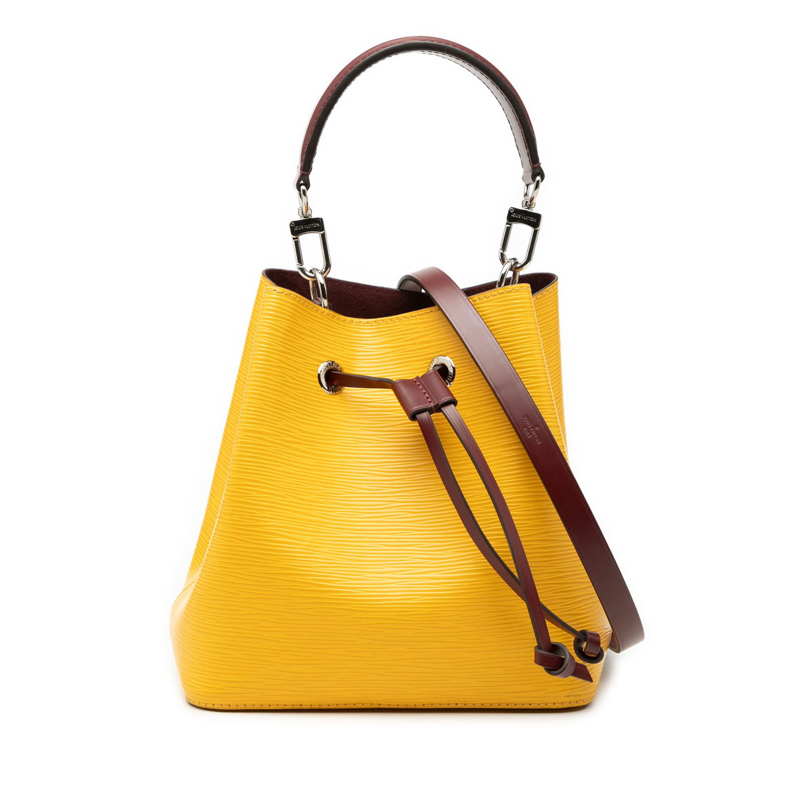 Louis Vuitton Epi NeoNoe BB yellow leather bag: Louis Vuitton Epi NeoNoe BB yellow leather bag This Louis Vuitton Epi NeoNoe BB bag features a structured epi leather body in yellow, complemented by a flat leather handle and a detachable flat leathe