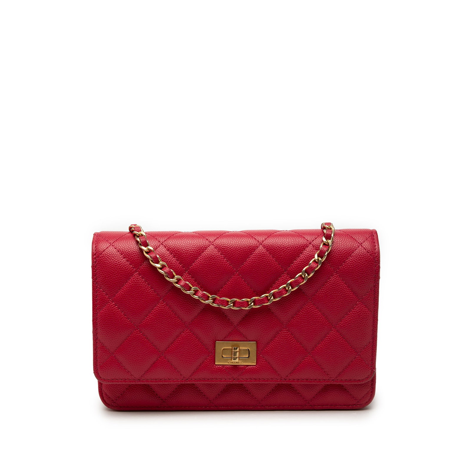 Chanel Red Caviar Leather Reissue 2.55 Wallet On Chain: Chanel Red Caviar Leather Reissue 2.55 Wallet On Chain This Chanel Quilted Caviar Reissue 2.55 Wallet On Chain is crafted from red quilted caviar leather and features a leather-woven chain-link should