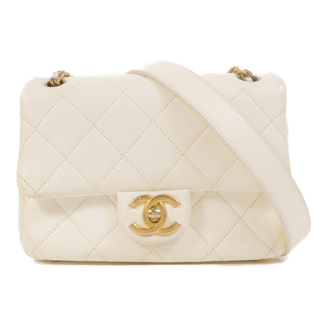 CHANEL AS3109 Mini Flap Shoulder Bag White Lambskin CC GHW: CHANEL AS3109 Mini Flap Shoulder Bag White Lambskin CC GHW CHANEL CC GHW Mini Flap Chain Shoulder Bag in white lambskin (sheep leather). This shoulder bag features a turn lock closure, an outside open