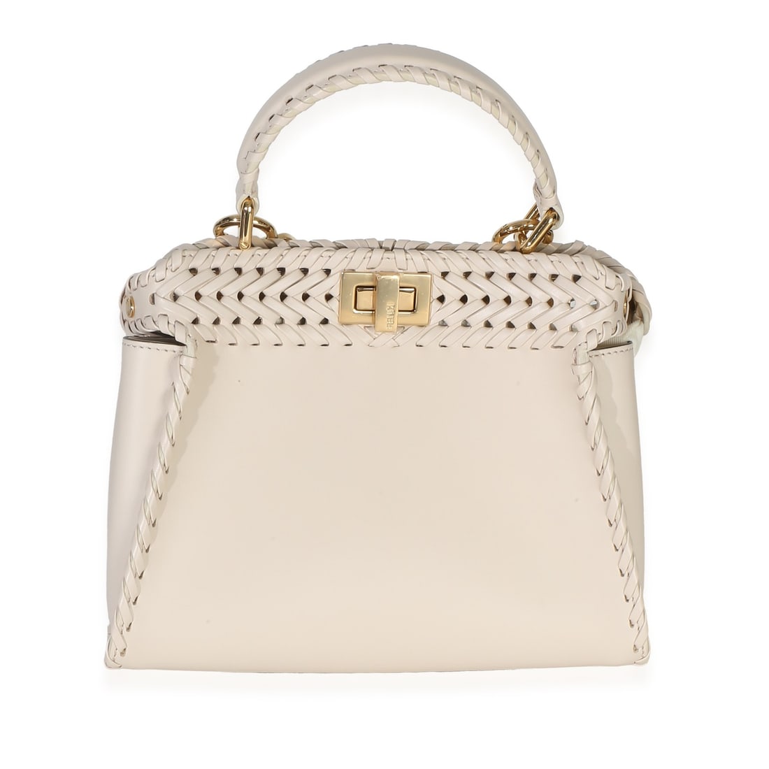 Fendi Mini Peekaboo Iconic Satchel Cream Vitello King Interlace: Fendi Mini Peekaboo Iconic Satchel Cream Vitello King Interlace Pre-owned Fendi Mini Peekaboo Iconic Satchel in cream Vitello leather with the King Interlace design. This unisex bag features a turnloc