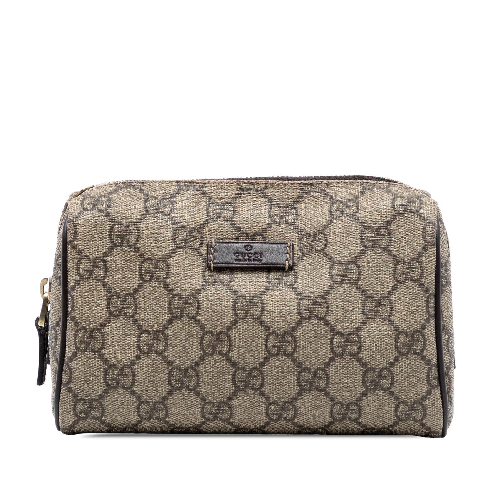 Beige GG Supreme Canvas Zippered Pouch by Gucci: Beige GG Supreme Canvas Zippered Pouch by Gucci This Gucci GG Supreme Pouch is crafted from coated canvas and features a top zip closure. The pouch is presented in a beige color and is part of Gucci's