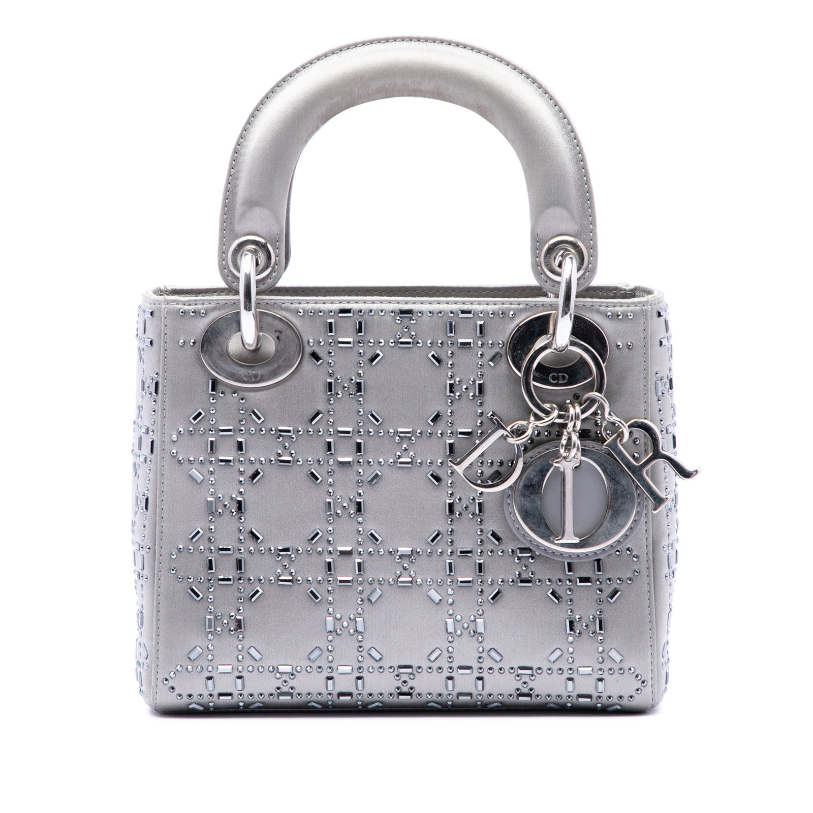 Dior Lady Dior Mini Gray Satin Handbag with Crystal Cannage (1 of 6)