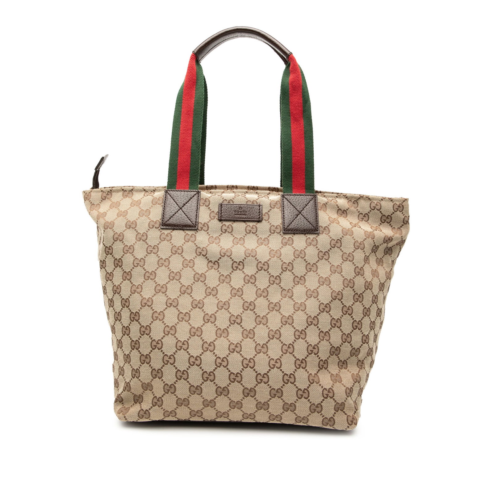 Gucci Beige GG Canvas Tote with Web Straps and Leather Trim: Gucci Beige GG Canvas Tote with Web Straps and Leather Trim This Gucci GG Canvas Web Tote features a beige canvas body with leather trim, flat web straps, a top zip closure, and an interior zip pocket