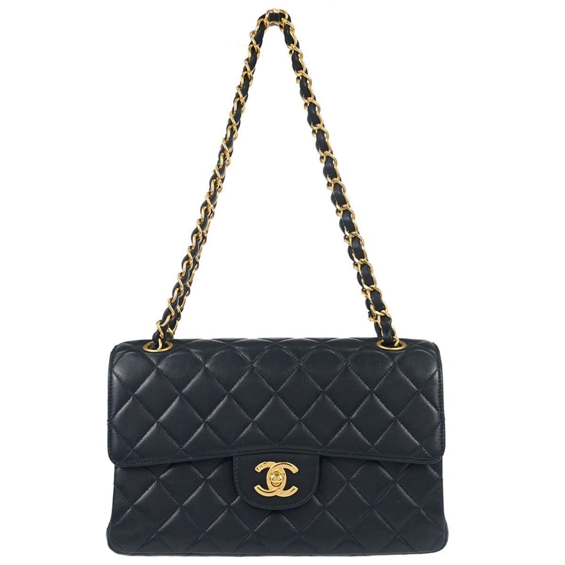 CHANEL Double Sided Classic Flap Small Navy Lambskin Shoulder Bag: CHANEL Double Sided Classic Flap Small Navy Lambskin Shoulder Bag Chanel Double Sided Turnlock Classic Flap shoulder bag in navy lambskin with matelasse quilting and a shoulder strap. The bag features