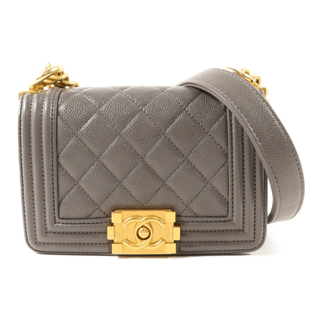 CHANEL A67364 Mini Boy Shoulder Bag Gray Calfskin Leather GHW: CHANEL A67364 Mini Boy Shoulder Bag Gray Calfskin Leather GHW CHANEL CC GHW Mini Boy Chain Shoulder Bag A67364 in gray calfskin (cowhide) leather. This women's shoulder bag features a flap pocket, an 