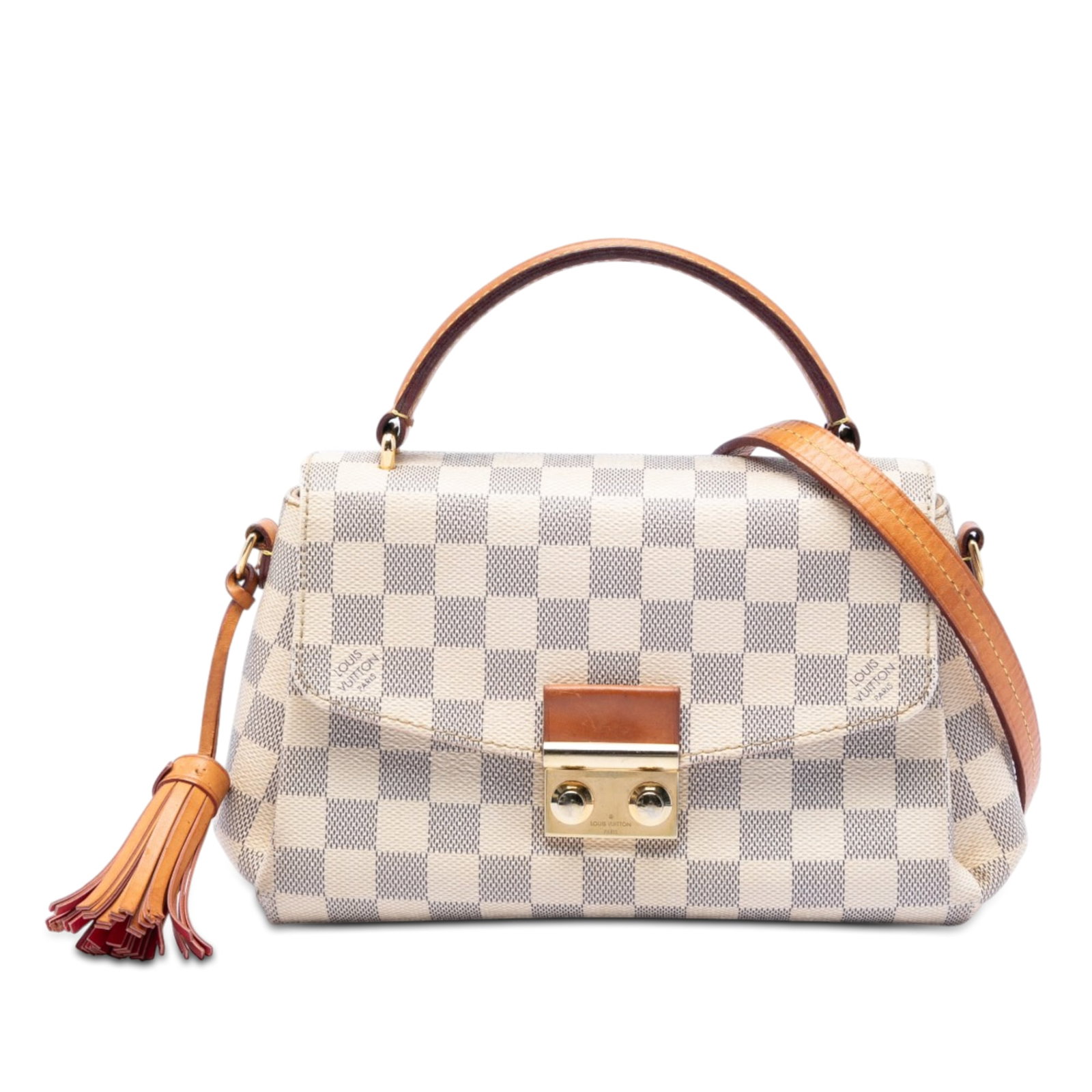 Louis Vuitton Croisette Damier Azur Shoulder Bag: Louis Vuitton Croisette Damier Azur Shoulder Bag Louis Vuitton Damier Azur Croisette handbag crafted with a damier canvas body, vachetta leather trim, and a leather tassel detail. It features a flat v