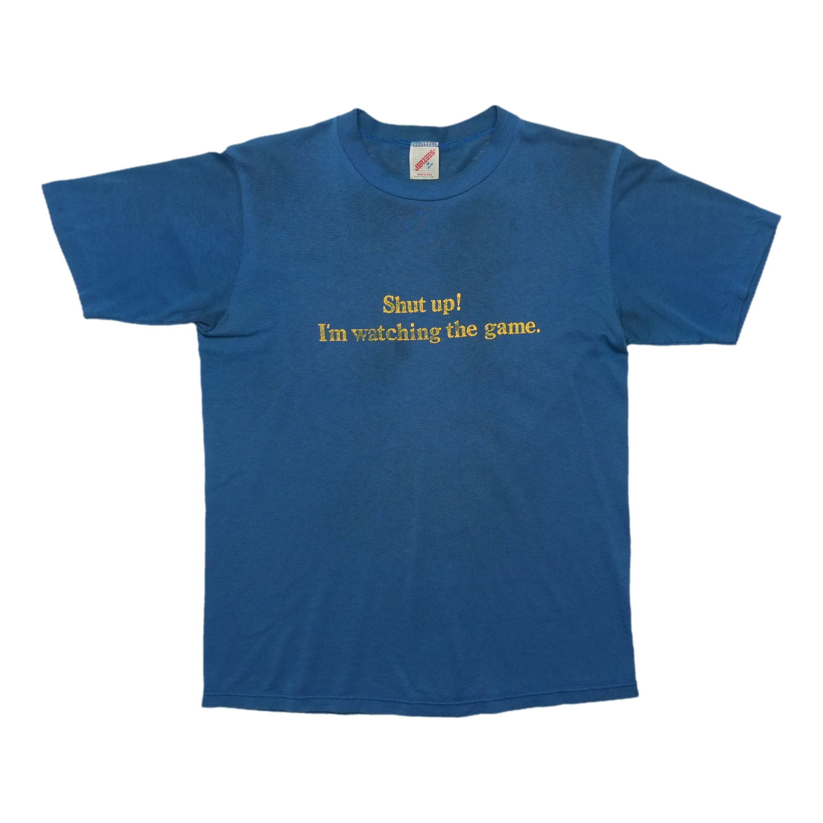 Vintage 1980s Blue Cotton Poly Game Shirt: Vintage 1980s Blue Cotton Poly Game Shirt This is an original vintage "Shut Up I'm Watching The Game" shirt from the 1980s. The shirt features a front graphic and is made from a soft 50/50 cotton and 