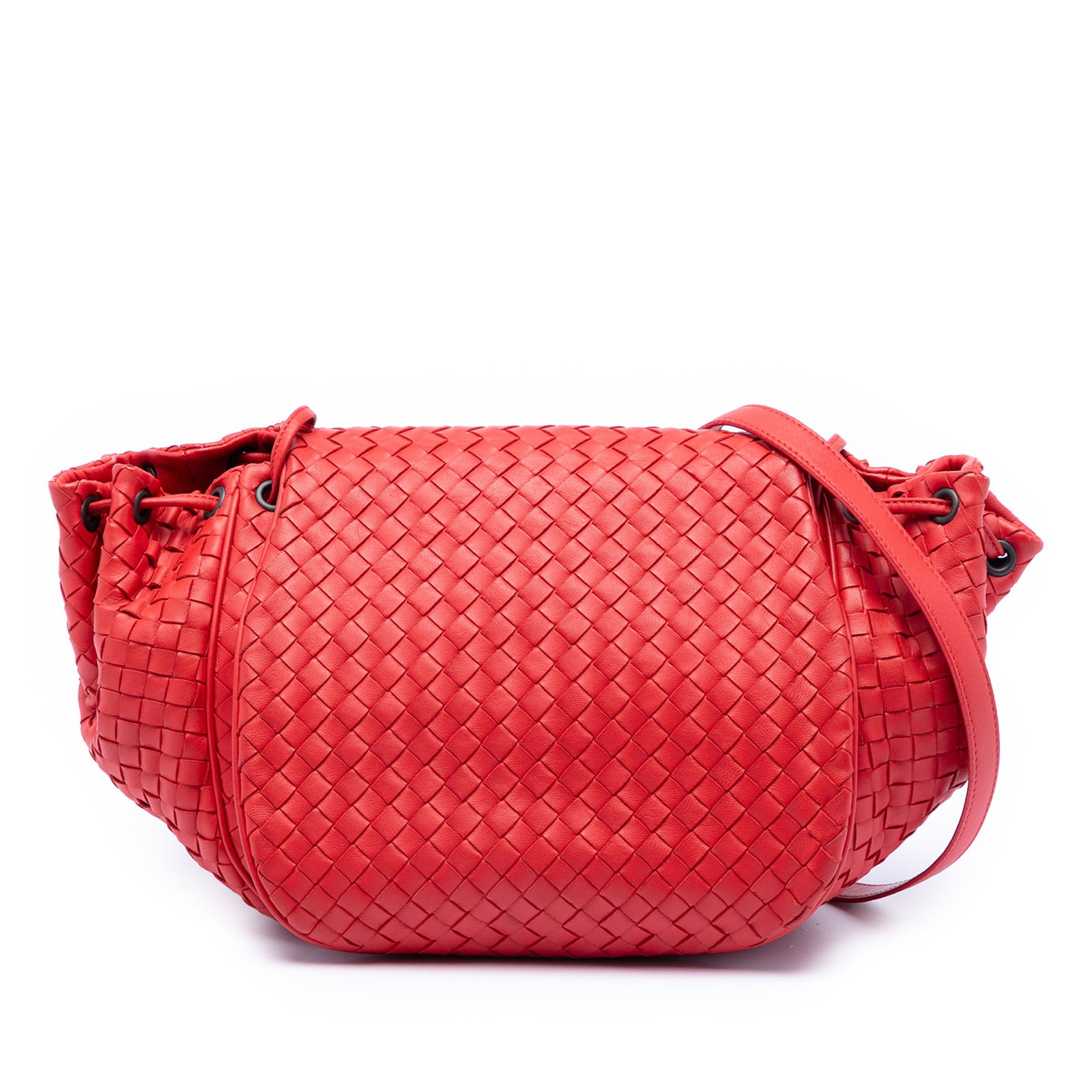 Red woven leather Bottega Veneta crossbody flap bag: Red woven leather Bottega Veneta crossbody flap bag This Bottega Veneta Nappa Intrecciato Flap Crossbody features the brand's signature woven nappa leather construction in red. The design includes an 