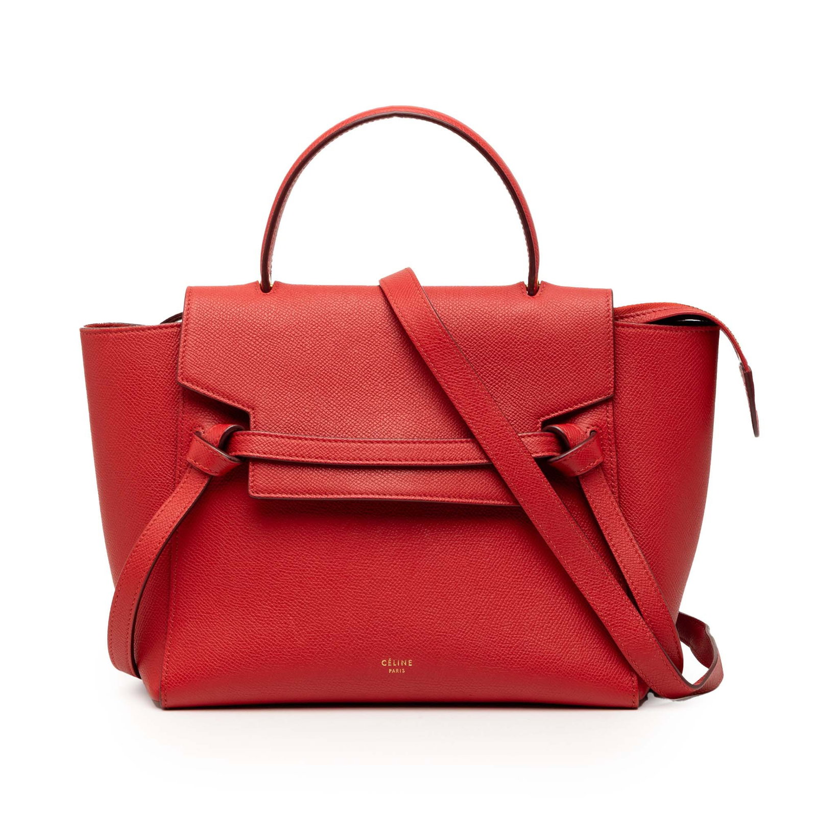 Celine Micro Belt Bag in Red Grained Calfskin Leather: Celine Micro Belt Bag in Red Grained Calfskin Leather This Celine Micro Grained Calfskin Belt Bag features a red leather body with a flat top handle and a detachable flat leather strap. The bag is des