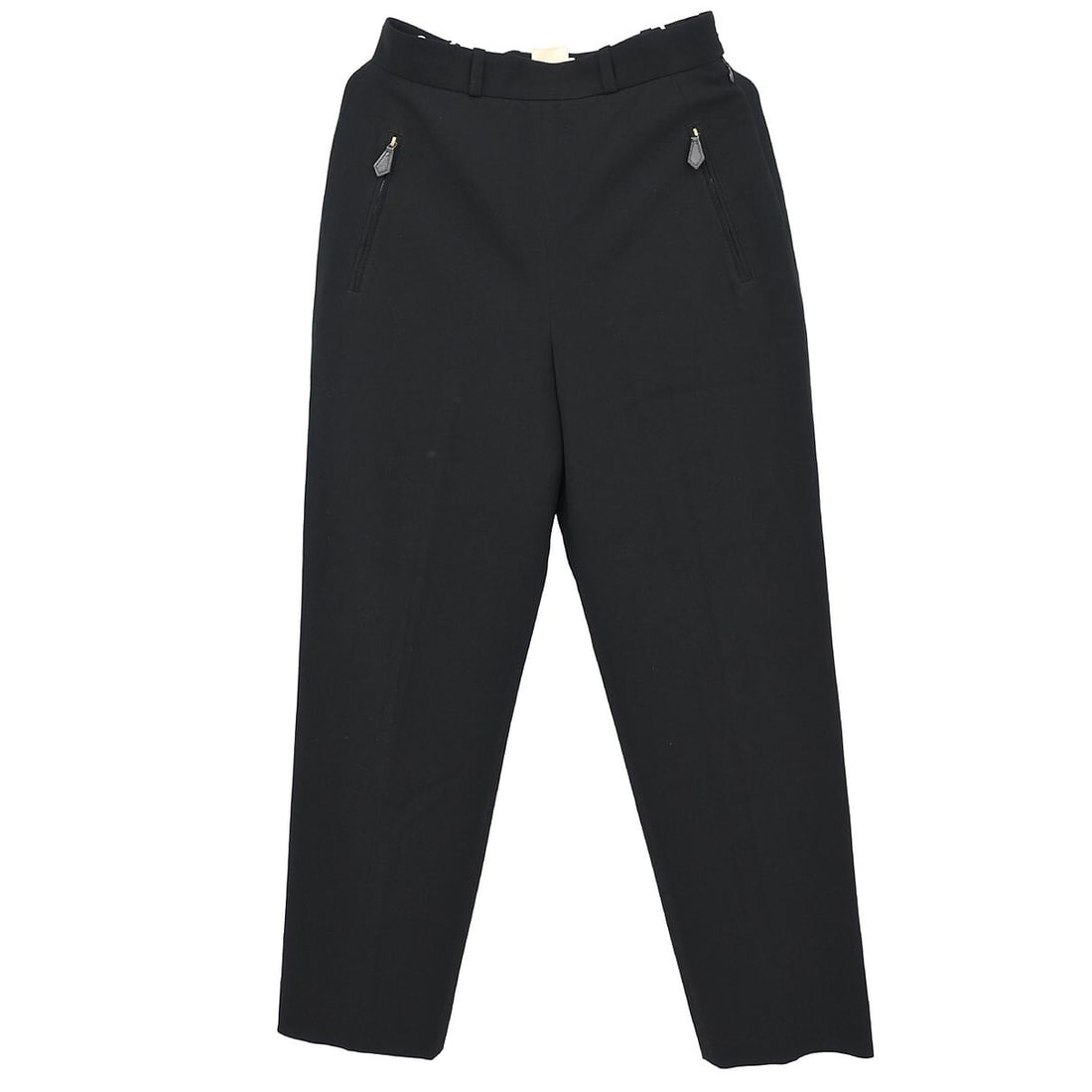 Hermes vintage black wool blend straight leg pants size 38: Hermes vintage black wool blend straight leg pants size 38 Vintage Hermes women's straight-leg pants in black with a mid rise and button zip closure. Made in France from a wool and elastane blend, thi