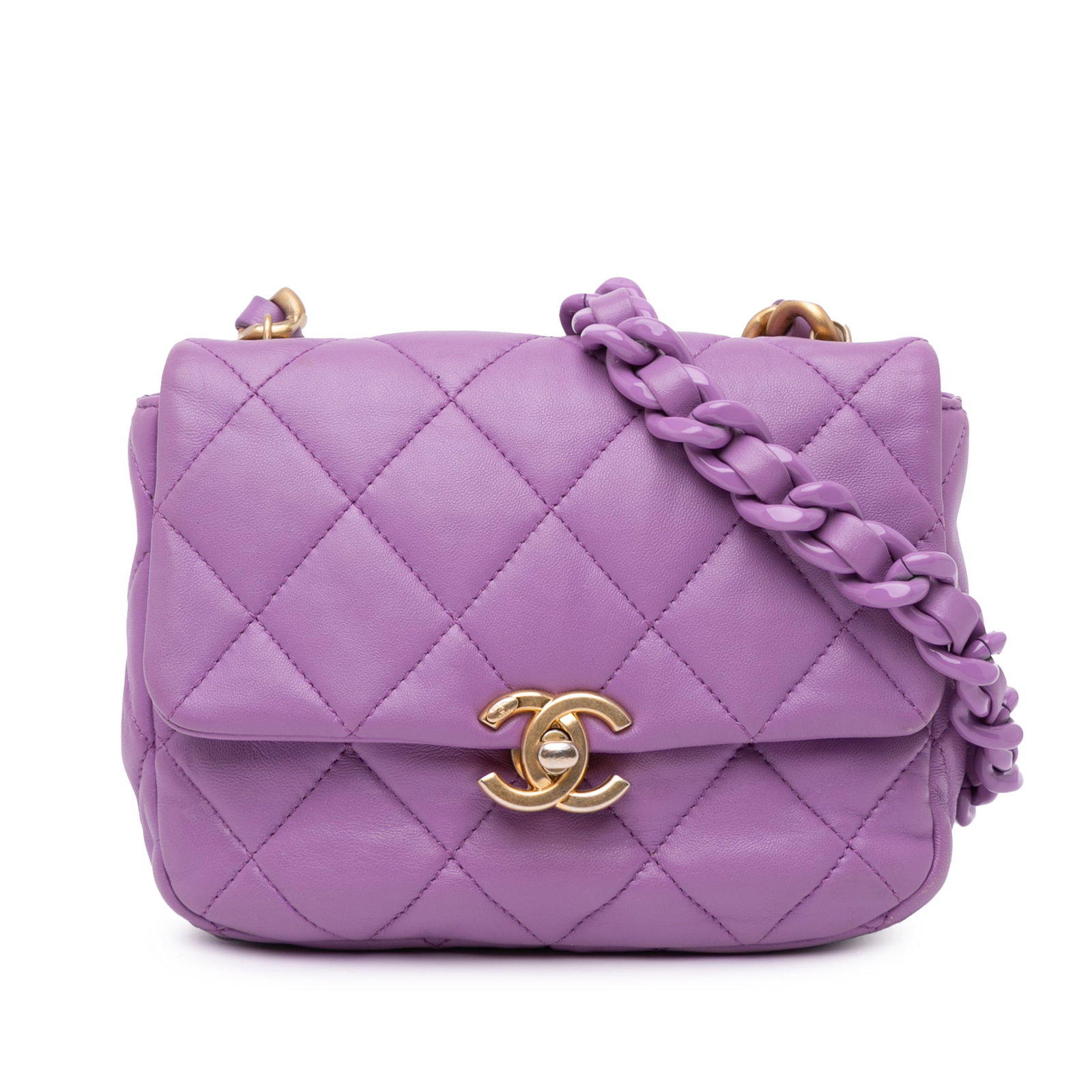 Chanel Mini Quilted Lambskin Flap Bag Purple Leather: Chanel Mini Quilted Lambskin Flap Bag Purple Leather This Chanel Mini Quilted Lambskin Candy Chain Flap is a stylish crossbody bag crafted from luxurious quilted lambskin leather. It features a leathe