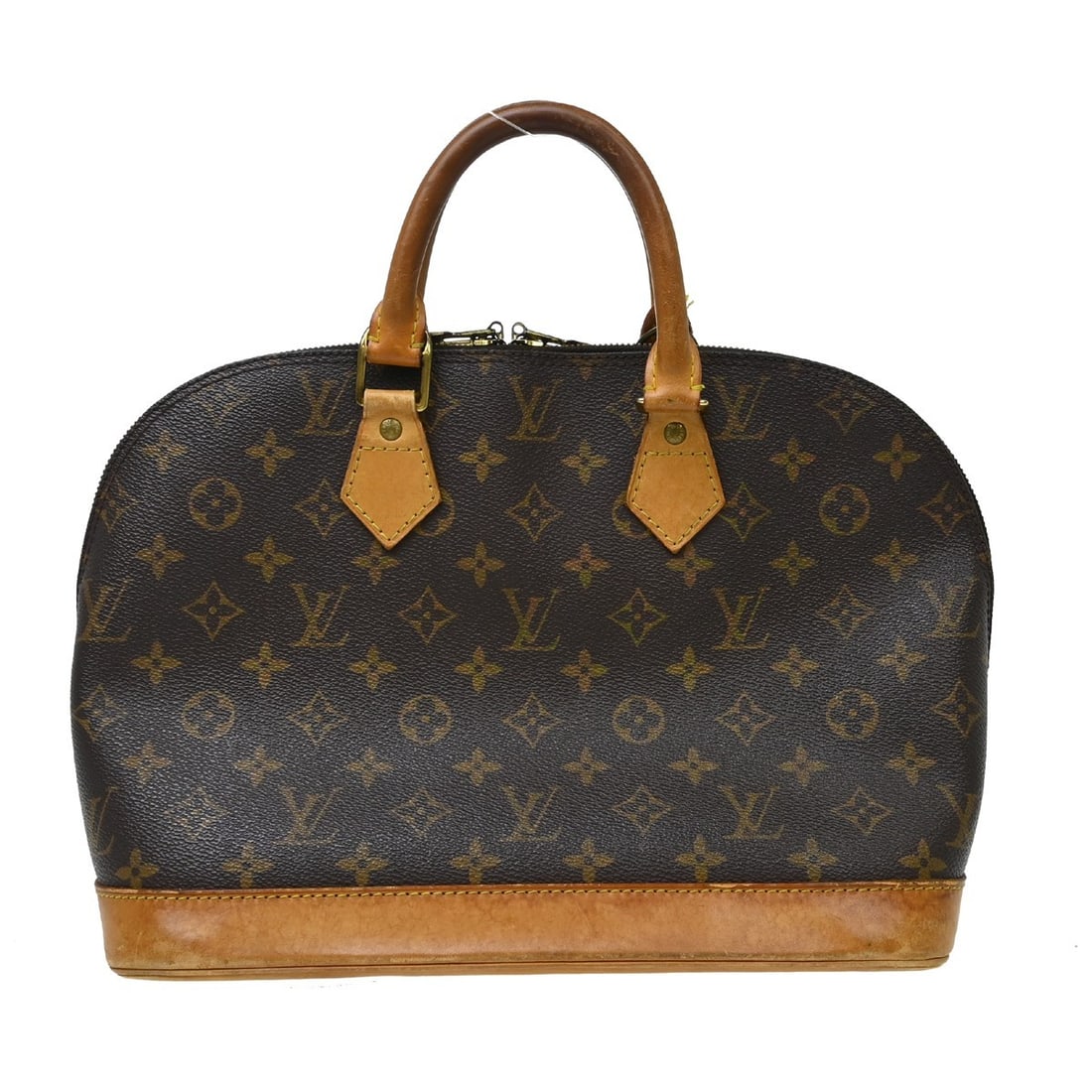 Louis Vuitton Alma Monogram Canvas Hand Bag M51130: Louis Vuitton Alma Monogram Canvas Hand Bag M51130 Vintage Louis Vuitton Alma handbag in Monogram canvas with leather trim, double handles, and a zip closure. This medium handbag features a brown exte