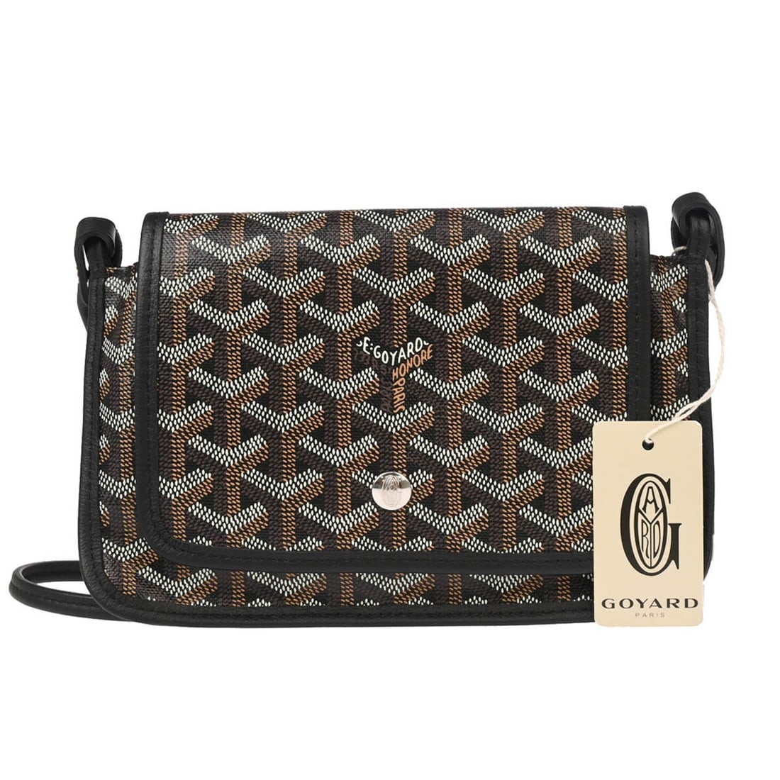 Goyard Plumet Black Small Shoulder Wallet Pochette France: Goyard Plumet Black Small Shoulder Wallet Pochette France Goyard Plumet shoulder bag pochette wallet in black with white and brown detailing. This unisex small bag features the signature logo accent a