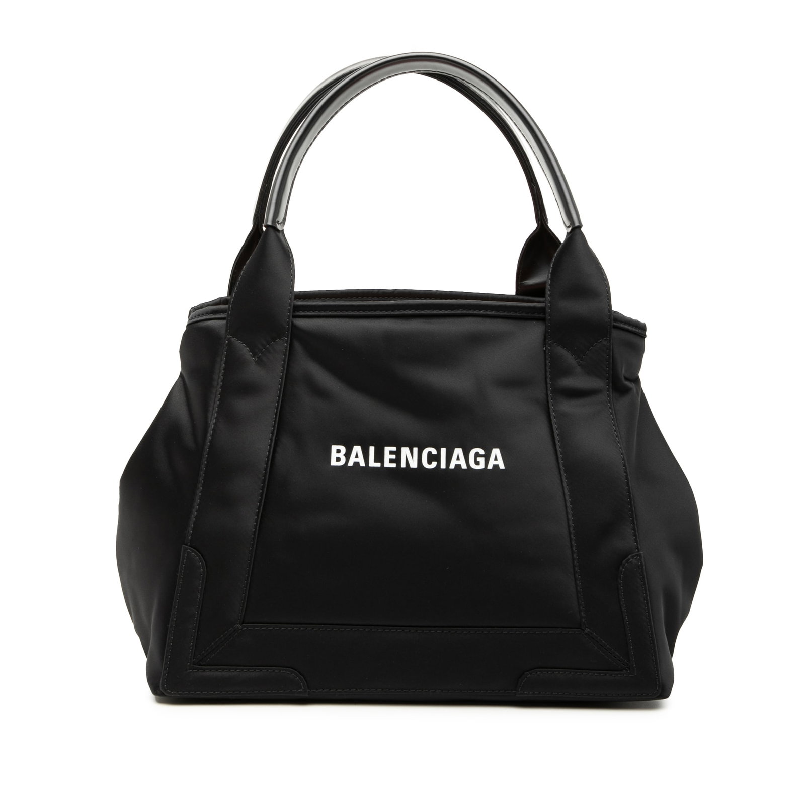 Balenciaga Cabas S nylon tote with pouch: Balenciaga Cabas S nylon tote with pouch This Balenciaga Nylon Navy Cabas Tote S features a durable nylon body complemented by flat leather handles and an open top design. The tote includes a pouch fo