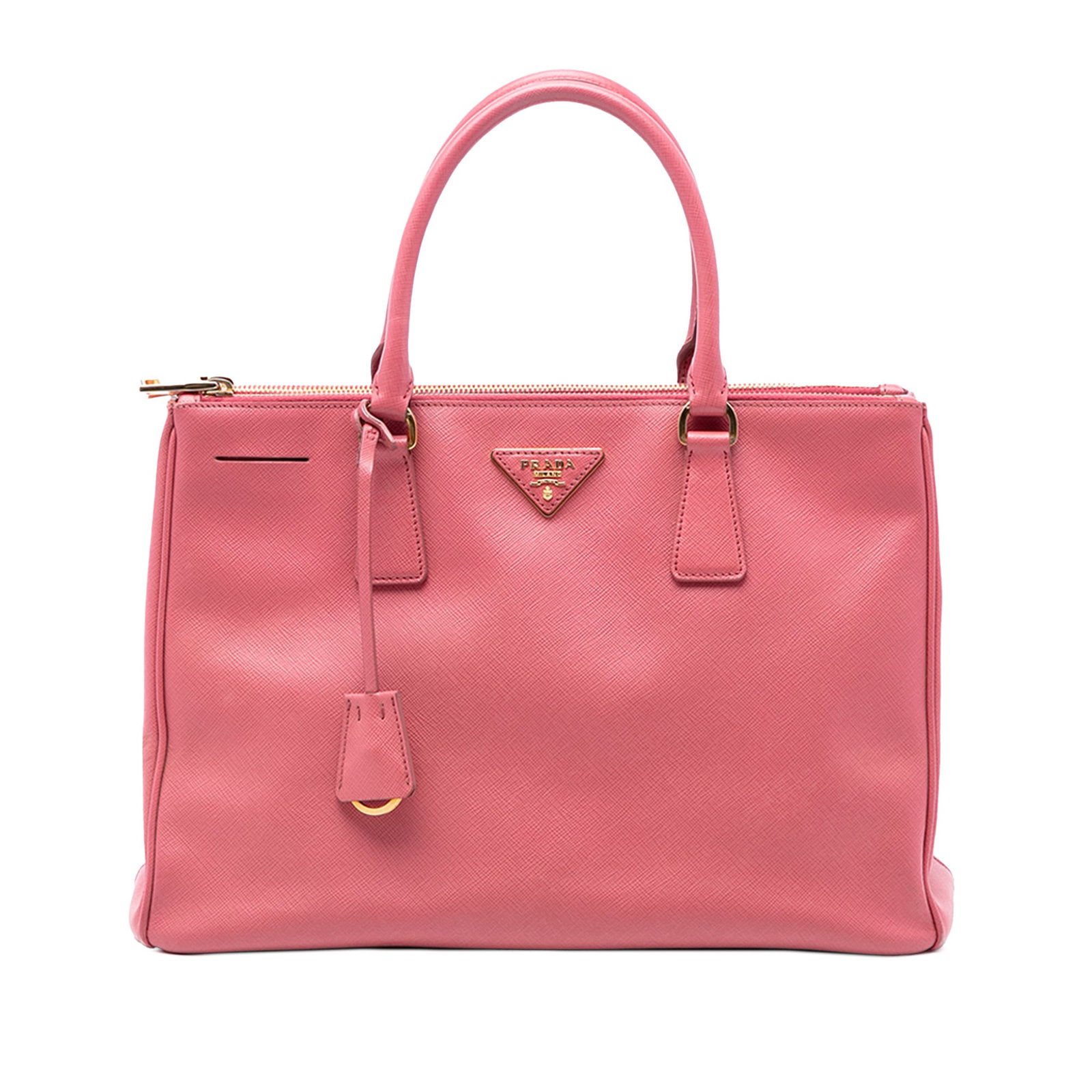 Prada Galleria Pink Saffiano Leather Medium Double Zip Satchel Bag: Prada Galleria Pink Saffiano Leather Medium Double Zip Satchel Bag This Prada Medium Saffiano Lux Galleria Double Zip Satchel is crafted from pink saffiano leather and features rolled leather handles,