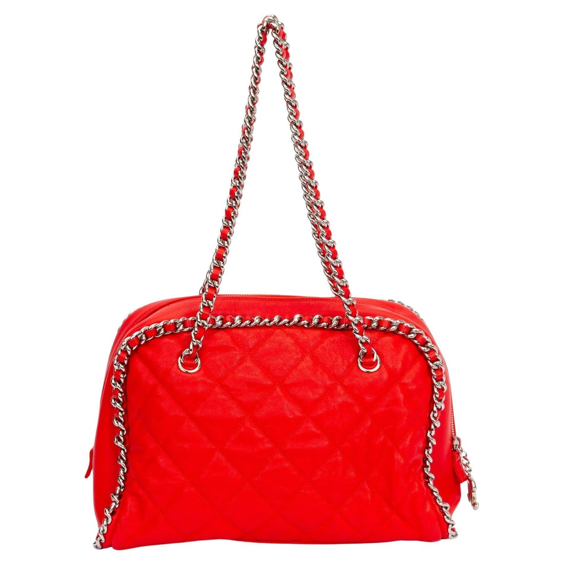 Chanel Red Lambskin Chain Shoulder Bag with Silver Tone Hardware: Chanel Red Lambskin Chain Shoulder Bag with Silver Tone Hardware This Chanel Red Chain Around Shoulder Bag is a stunning accessory crafted from luxurious lambskin leather. Featuring a vibrant red hue,