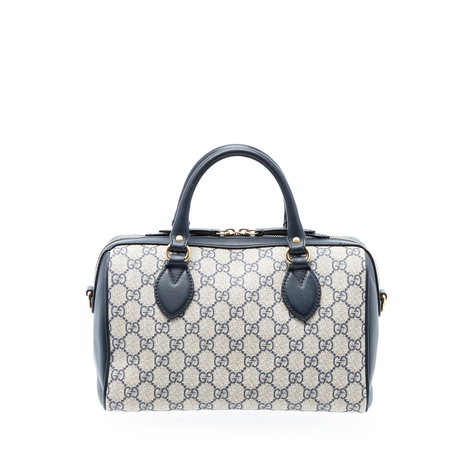 Gucci GG Supreme coated canvas satchel with leather trim: Gucci GG Supreme coated canvas satchel with leather trim This Gucci Small GG Supreme Boston Bag is crafted from coated canvas with leather trim and features rolled leather handles, a top zip closure, 