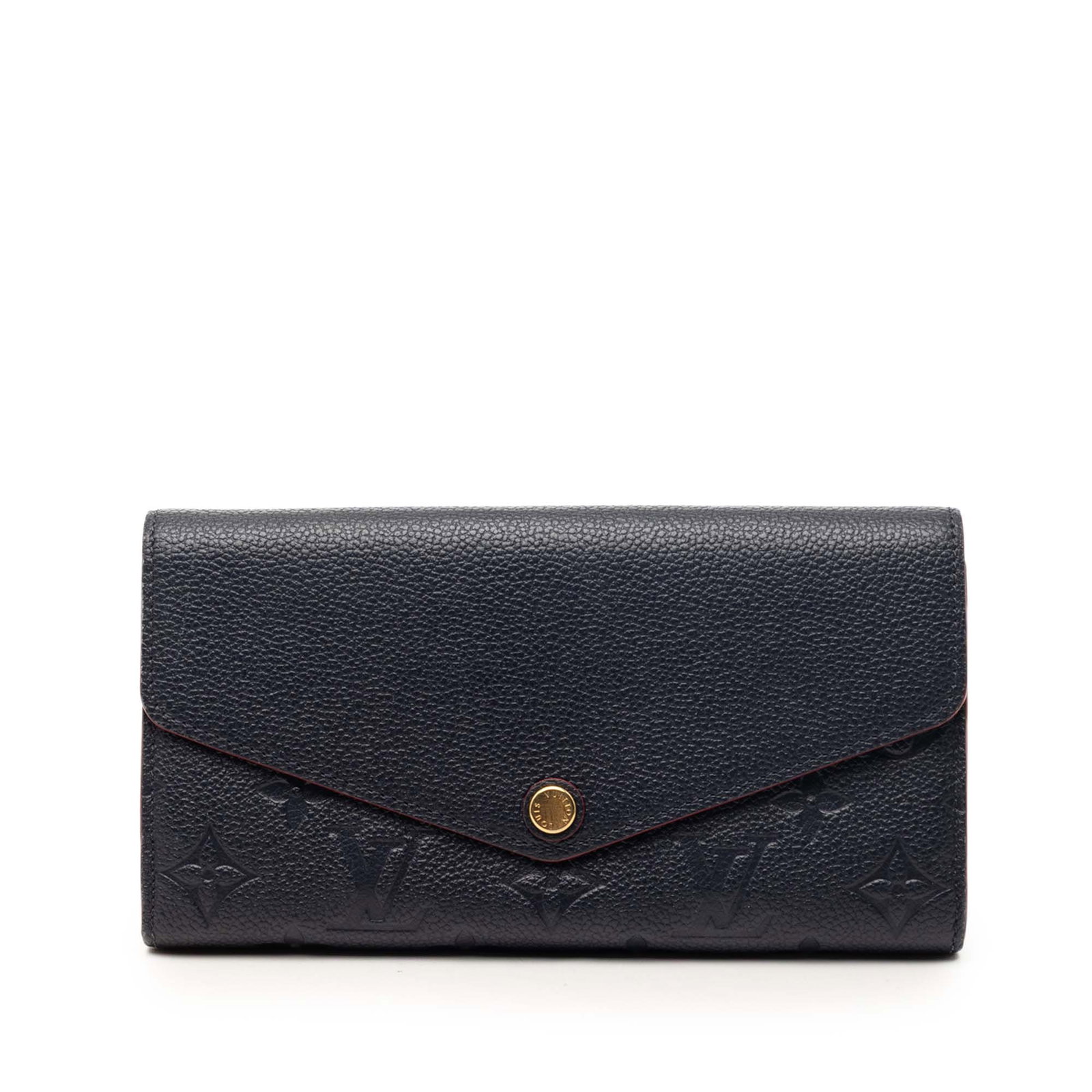 Louis Vuitton Sarah Wallet Monogram Empreinte Blue Leather: Louis Vuitton Sarah Wallet Monogram Empreinte Blue Leather This Louis Vuitton Monogram Empreinte Sarah Wallet features a blue monogram empreinte leather exterior, a front flap with snap closure, and m