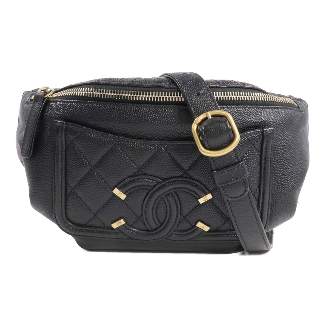 CHANEL Filigree CC Waist Bag Black Calfskin Leather GHW: CHANEL Filigree CC Waist Bag Black Calfskin Leather GHW A CHANEL waist/body bag in black calfskin (cowhide) leather with GHW filigree styling. It is designed for women and made in France. The bag is i