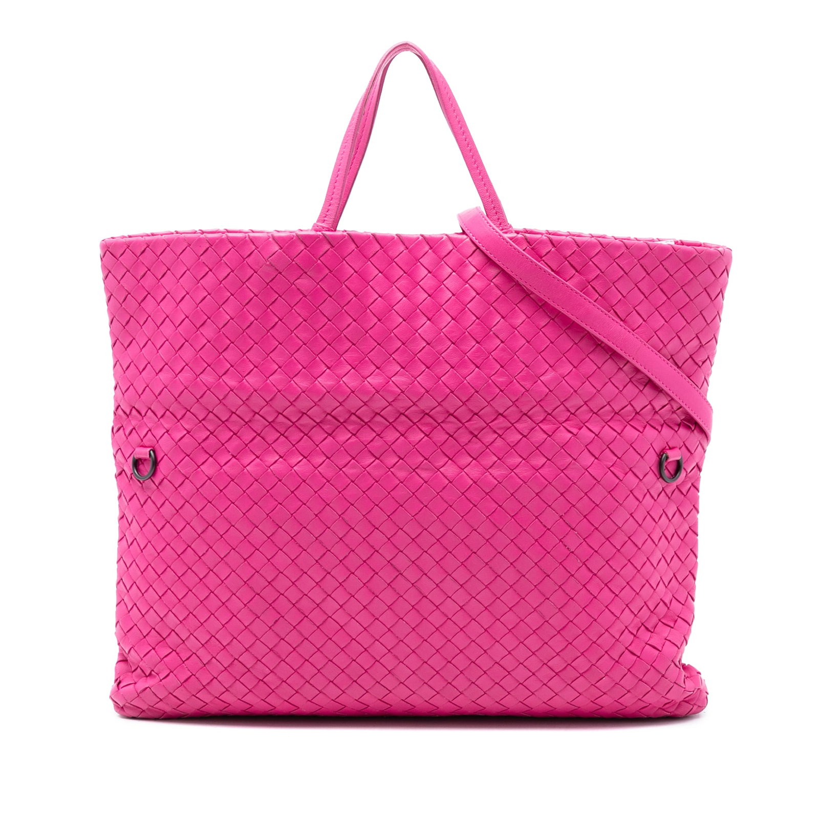 Pink Nappa Leather Woven Satchel by Bottega Veneta with Detachable Strap: Pink Nappa Leather Woven Satchel by Bottega Veneta with Detachable Strap This Bottega Veneta Nappa Intrecciato Fold Over Tote features a woven nappa leather body in pink, complemented by flat leather 