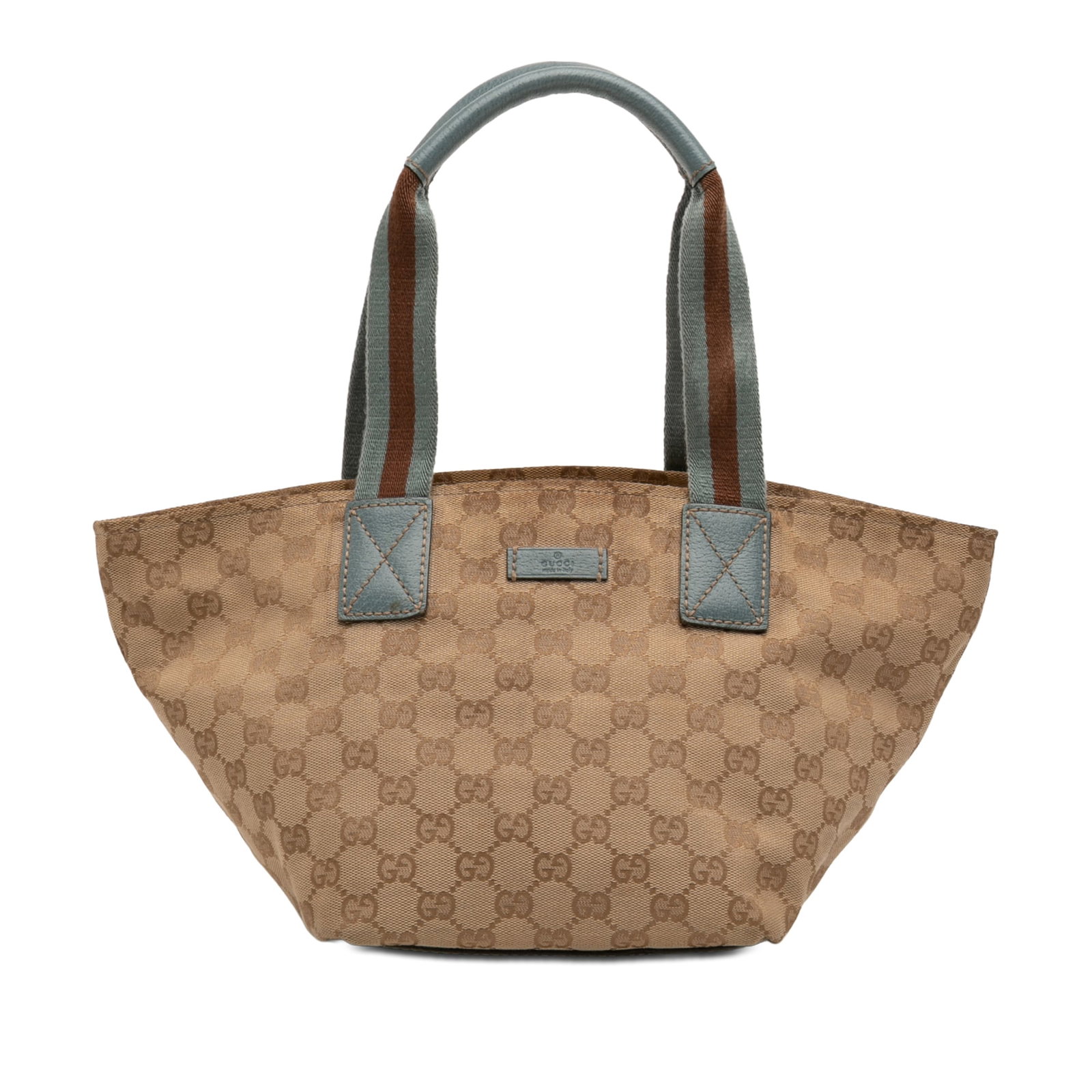 Gucci GG Canvas Web Tote Bag Beige Fabric Leather Trim: Gucci GG Canvas Web Tote Bag Beige Fabric Leather Trim Gucci GG Canvas Web Tote with a canvas body, leather trim, flat web handles, top zip closure, and interior zip and slip pockets. Includes a dust 