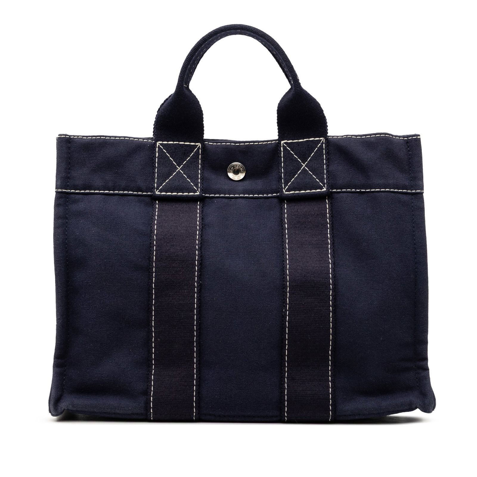 Hermes Fourre Tout PM Blue Canvas Tote Bag: Hermes Fourre Tout PM Blue Canvas Tote Bag Hermes Canvas Fourre Tout PM bag with a canvas body, flat handles, an open top with snap closure, and an interior zip pocket. It is made in France and presen