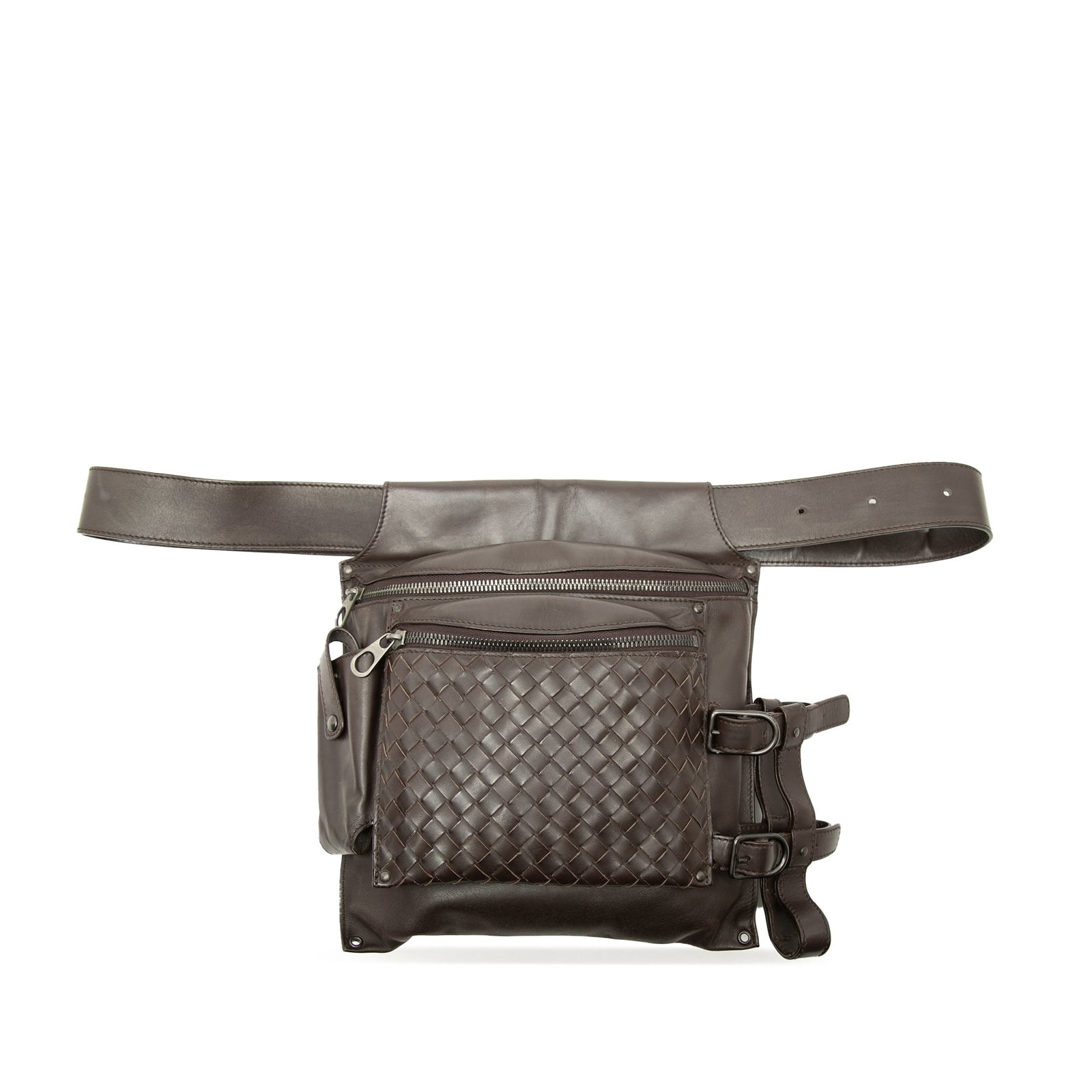 Bottega Veneta Intrecciato Nappa Leather Utility Belt Bag Brown: Bottega Veneta Intrecciato Nappa Leather Utility Belt Bag Brown Bottega Veneta Intrecciato Trimmed Nappa Utility Belt Bag in brown leather, made in Italy. It features an adjustable waist strap, a fron