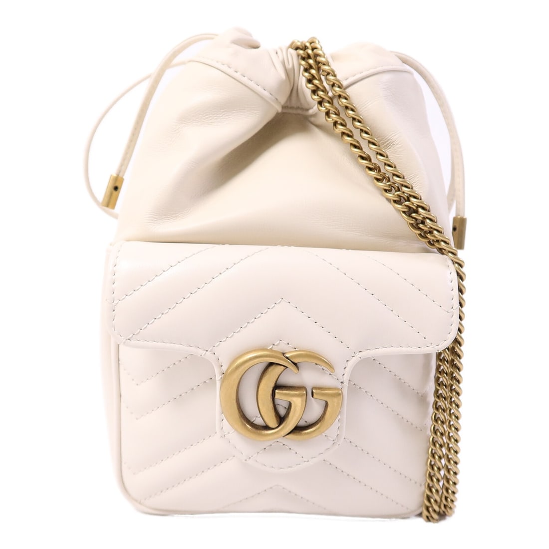 Gucci GG Marmont Mini Bucket Shoulder Bag White Calfskin Leather: Gucci GG Marmont Mini Bucket Shoulder Bag White Calfskin Leather A Gucci GG Marmont Mini Bucket shoulder bag in white calfskin leather. This women's bag is made in Italy and features a bucket-style sh