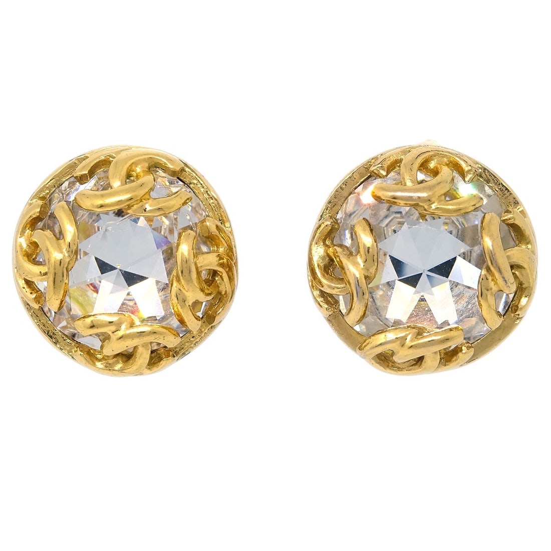 CHANEL Round Button Clip-On Earrings Gold Plated Rhinestone: CHANEL Round Button Clip-On Earrings Gold Plated Rhinestone Round Chanel button-style clip-on earrings with a gold-plated finish and rhinestone accents. These earrings are in very good condition, with