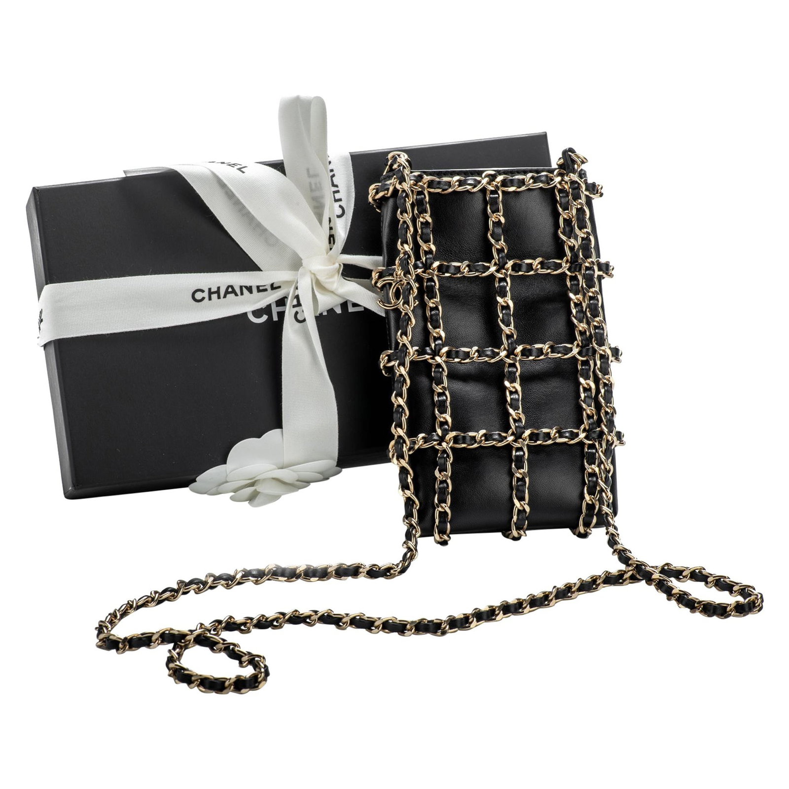 Chanel VIP Black Lambskin Crossbody Phone Case with Box: Chanel VIP Black Lambskin Crossbody Phone Case with Box Un-used in box Chanel VIP cellular phone crossbody bag in black lambskin leather with a gold tone woven chain. This collectible phone case inclu
