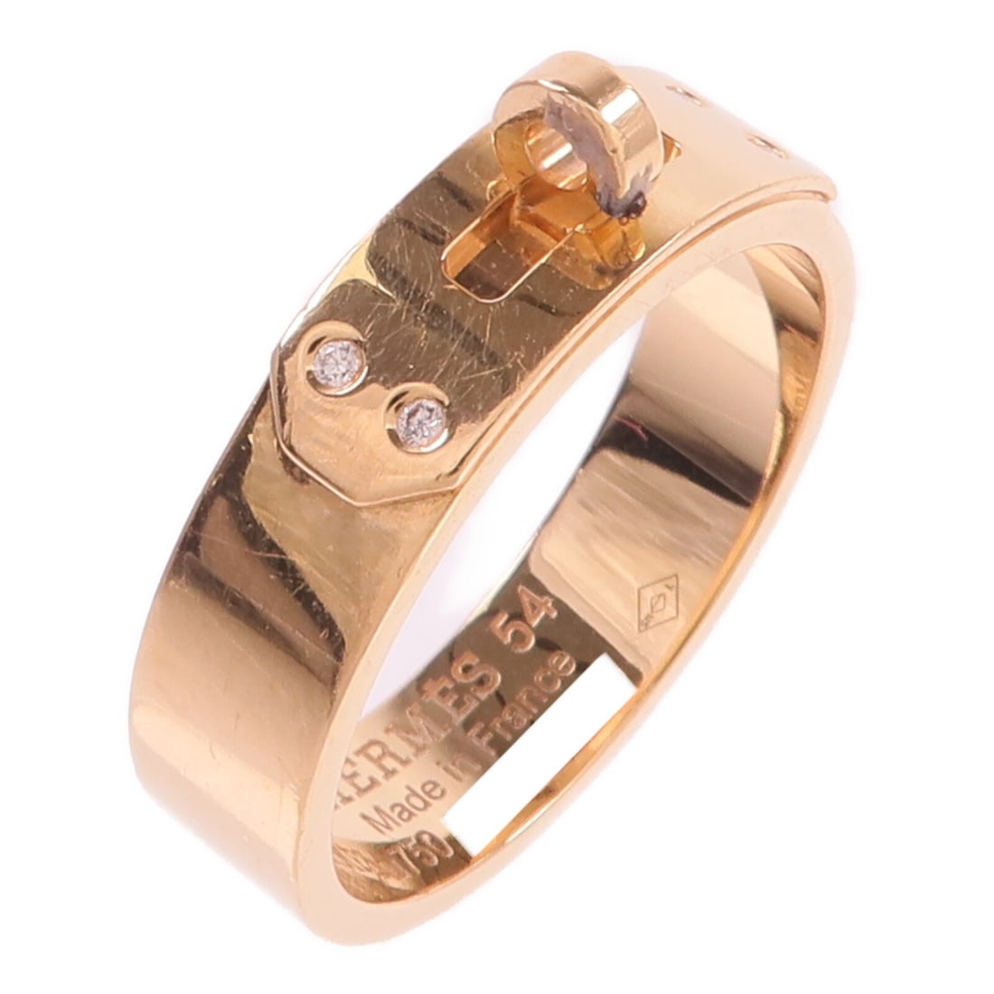 Hermes Kelly diamond ring 18K rose gold size 54 US 7: Hermes Kelly diamond ring 18K rose gold size 54 US 7 Hermes Kelly ring in 18K pink gold with diamond accents. The ring is engraved 54 and has a ring width of 5 mm (2.0 in). It comes with a case and is
