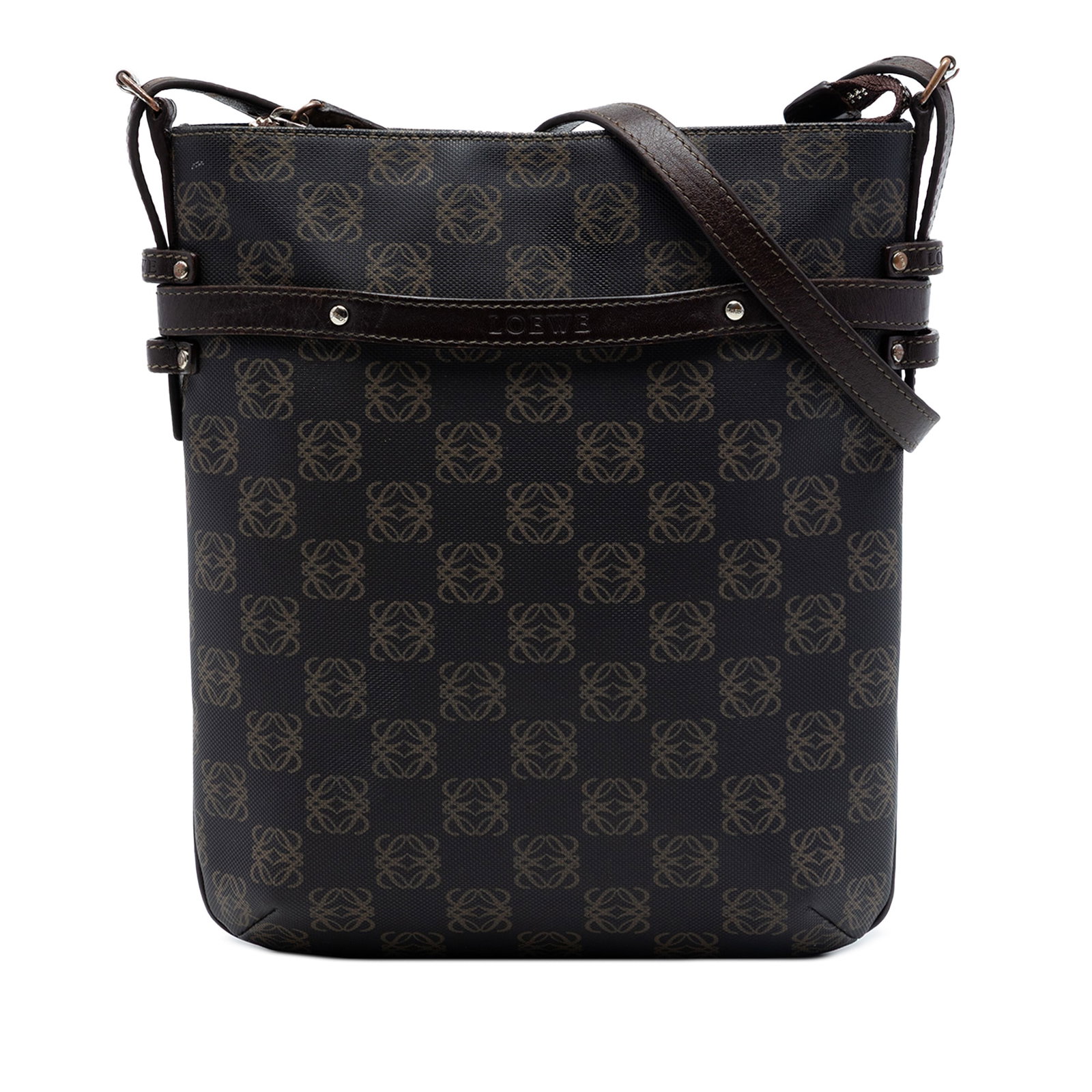 LOEWE Anagram Canvas Crossbody Bag Brown Leather Trim: LOEWE Anagram Canvas Crossbody Bag Brown Leather Trim Brown LOEWE Anagram Coated Canvas Crossbody bag with a canvas body, leather trim, and a flat leather strap. It features a top zip closure and an i