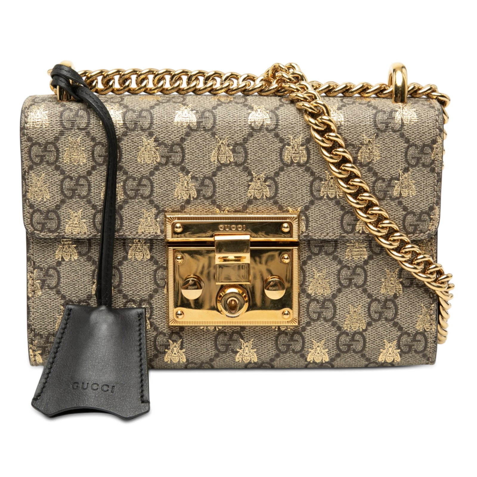 Gucci Padlock Bee Small GG Supreme Crossbody Bag: Gucci Padlock Bee Small GG Supreme Crossbody Bag Gucci Small GG Supreme Bee Padlock Crossbody in beige printed coated canvas with gold-tone chain link straps and a front flap with S-lock closure. The 