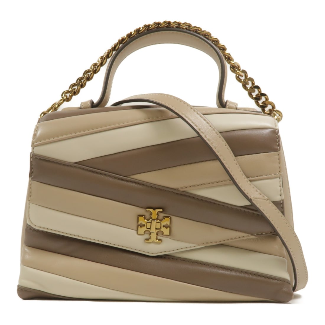 Tory Burch Kira Chevron Colorblock Lambskin 2 Way Bag Brown: Tory Burch Kira Chevron Colorblock Lambskin 2 Way Bag Brown A Tory Burch 2-way shoulder bag crafted from lambskin (sheep leather) in a brown, beige, and cream colorblock design. It features a turn loc