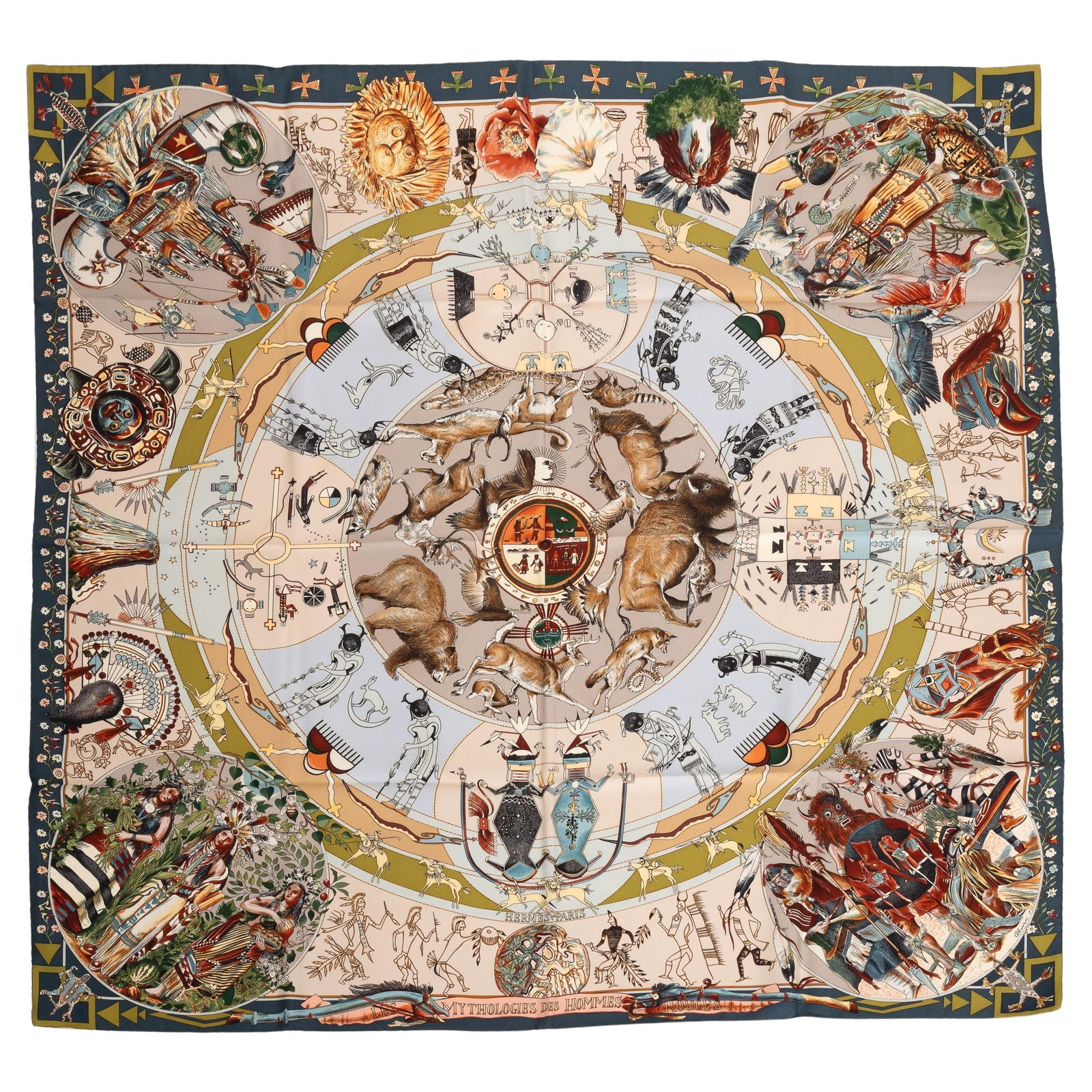 Hermes Les Mythologies des Hommes Silk Scarf by Kermit Oliver: Hermes Les Mythologies des Hommes Silk Scarf by Kermit Oliver Experience luxury with this exquisite Hermes silk scarf, featuring the iconic "Les Mythologies des Hommes Rouges" design by Kermit Oliver.