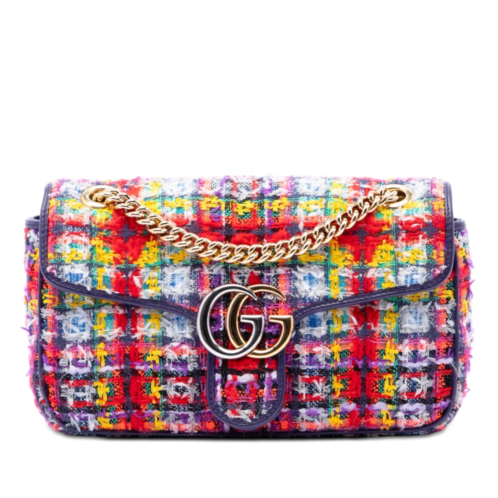 Gucci GG Marmont Medium Tweed Shoulder Bag Red: Gucci GG Marmont Medium Tweed Shoulder Bag Red A Gucci Medium GG Marmont Tweed Shoulder Bag crafted with a tweed body and leather trim. It features a chain link and leather shoulder strap, a front fla